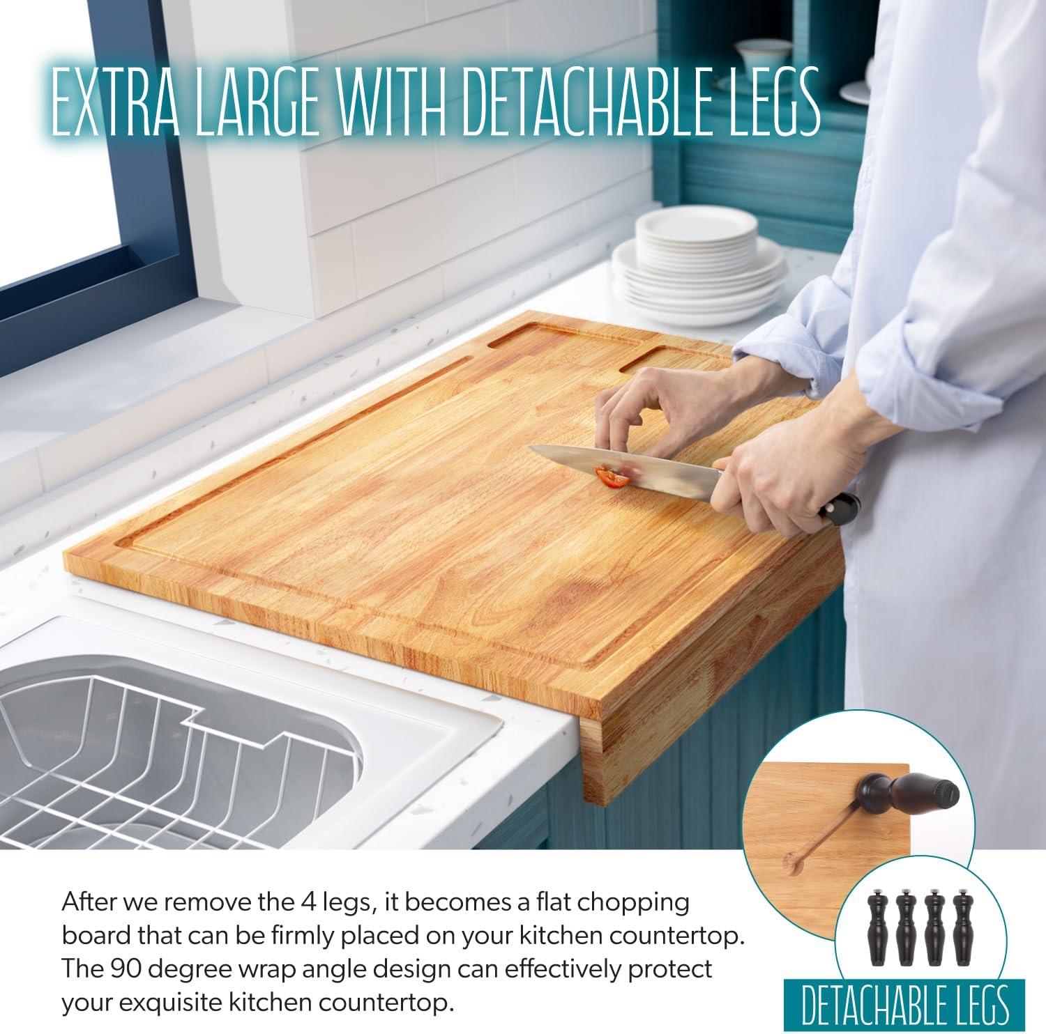 32x23.5inches Extra Large Solid Wooden Cutting Board and Stovetop Cover, 2 in 1 Stove Top Cover Chopping Board with Detachable Legs and Juice Groove, Sink Cover Board for Restaurant Kitchen Countertop