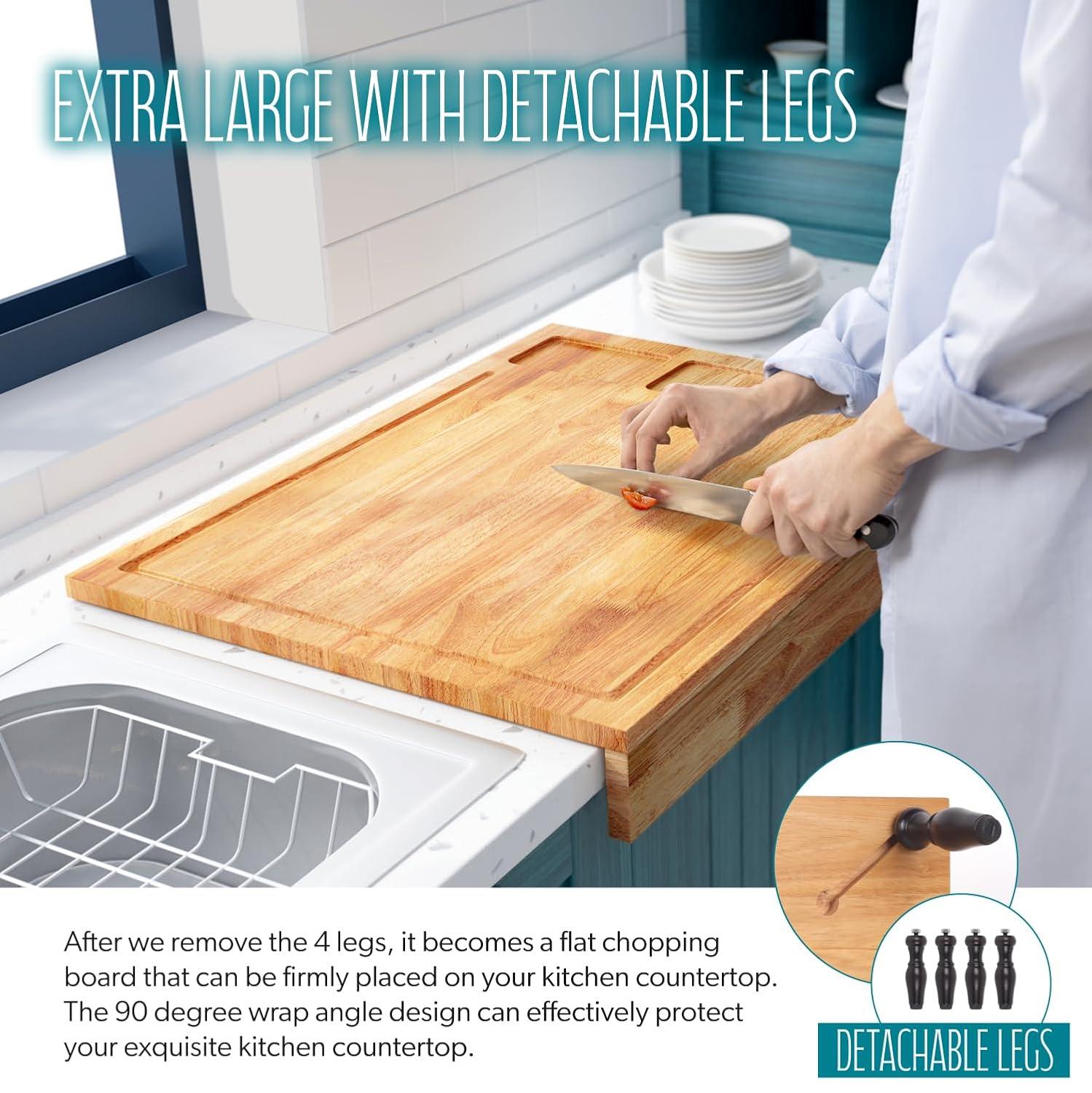 32x23.5inches Extra Large Solid Wooden Cutting Board and Stovetop Cover, 2 in 1 Stove Top Cover Chopping Board with Detachable Legs and Juice Groove, Sink Cover Board for Restaurant Kitchen Countertop