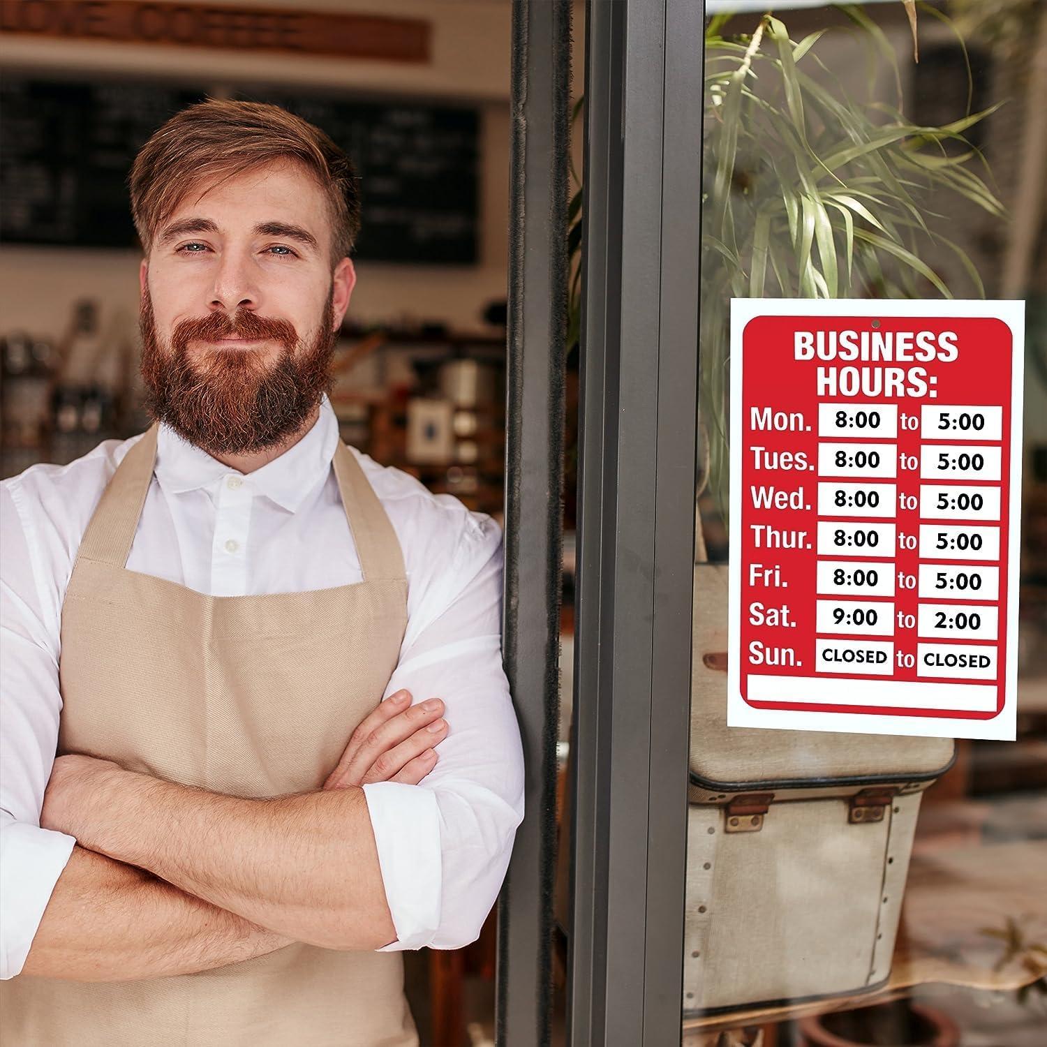Assured Signs Store Hours Open Sign | 7.7 by 11.7" Business Hours Sign | Red & White Plastic