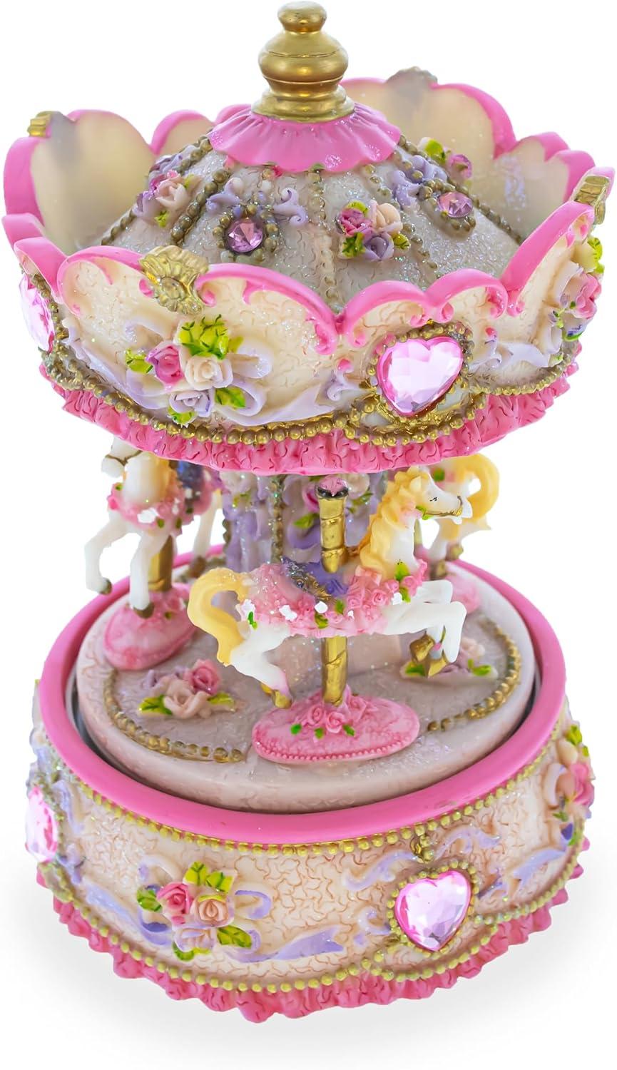 Floral Three Horses Carousel Spinning Musical Figurine