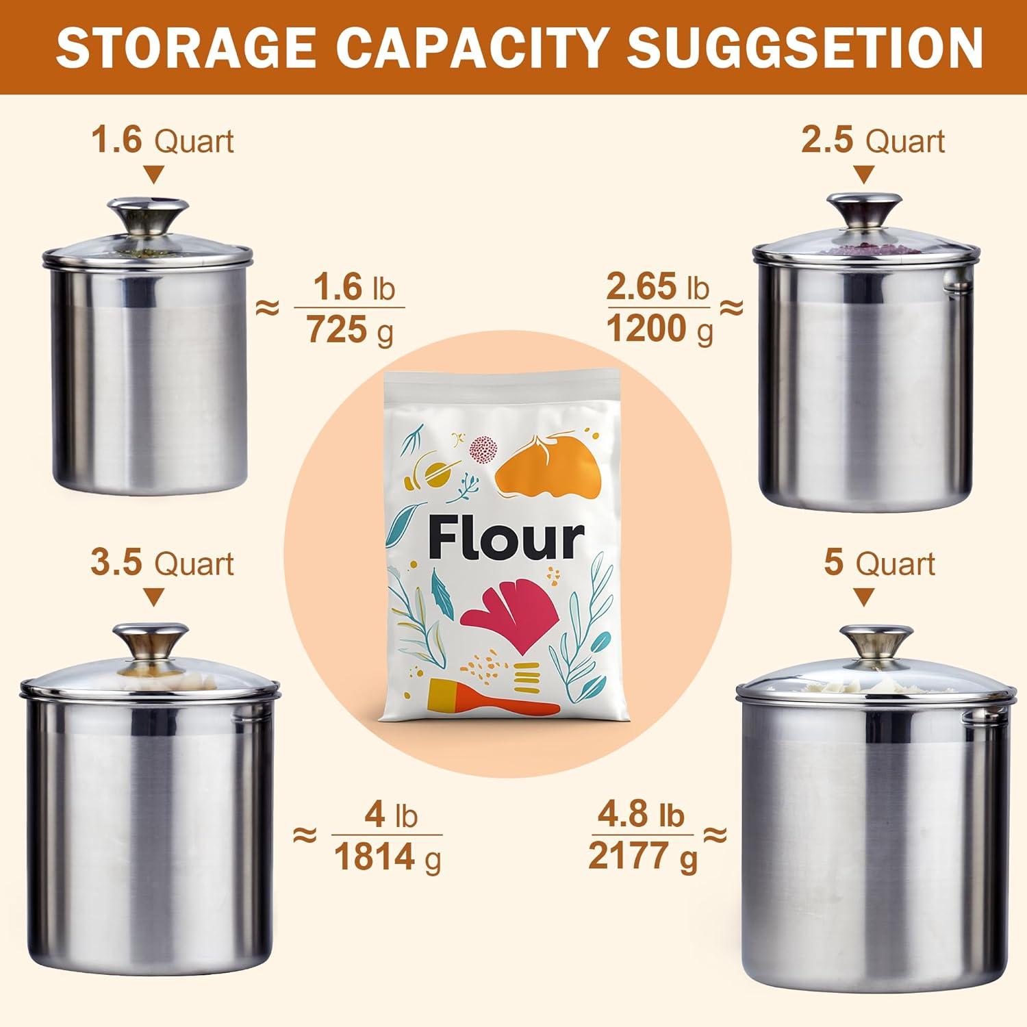 Cooks Standard Stainless Steel Food Jar Storage Canister Set Large 4-Piece, 1.6qt/2.5qt/3.5qt /5qt Airtight Containers with Glass Lid for Tea Coffee Sugar Flour Pantry Kitchen Counter