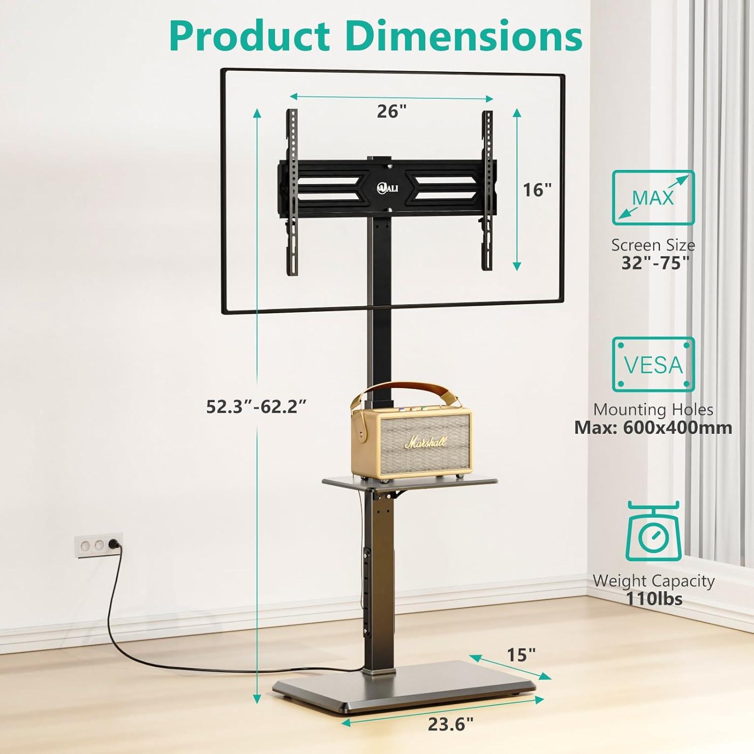 WALI Floor TV Stand with Power Outlet & AV Shelf, Tall TV Stand Mount for 32-75 inch TV up to 110 lbs, Swivel and Height Adjustable TV Stands with Wood Base for Bedroom, Office(TVDVD-6P), Black