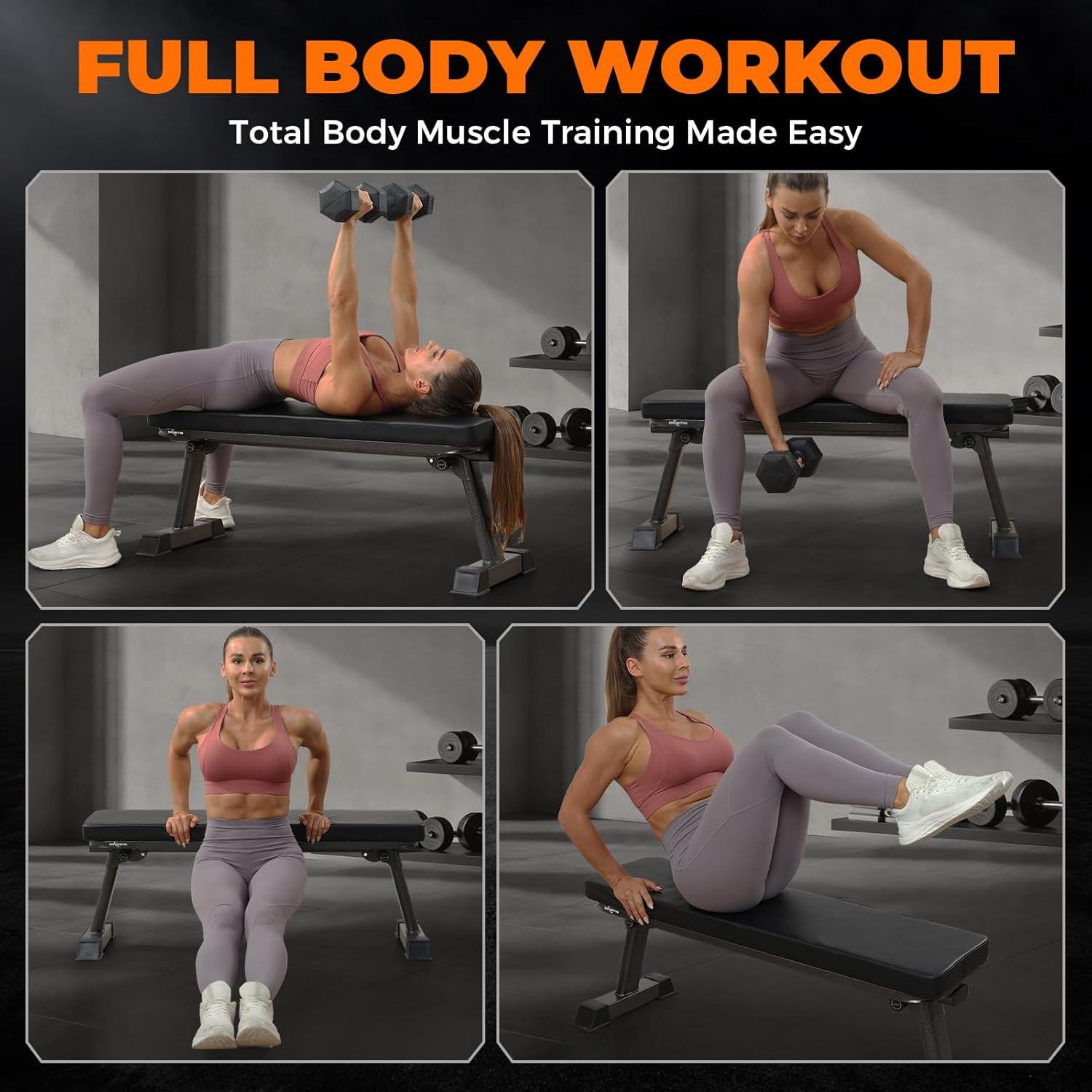 Finer Form Gym Quality Foldable Flat Bench for Multi-Purpose Weight Training and Ab Exercises (Black)