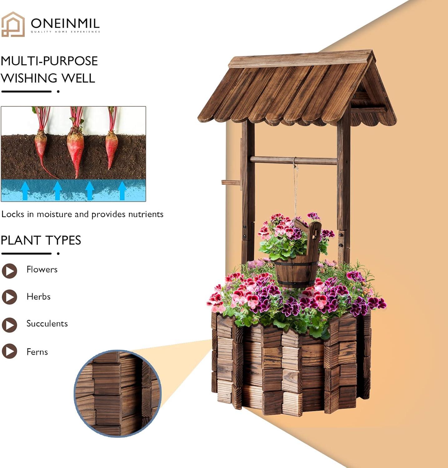 Rustic Brown Fir Wood Hanging Wishing Well Planter