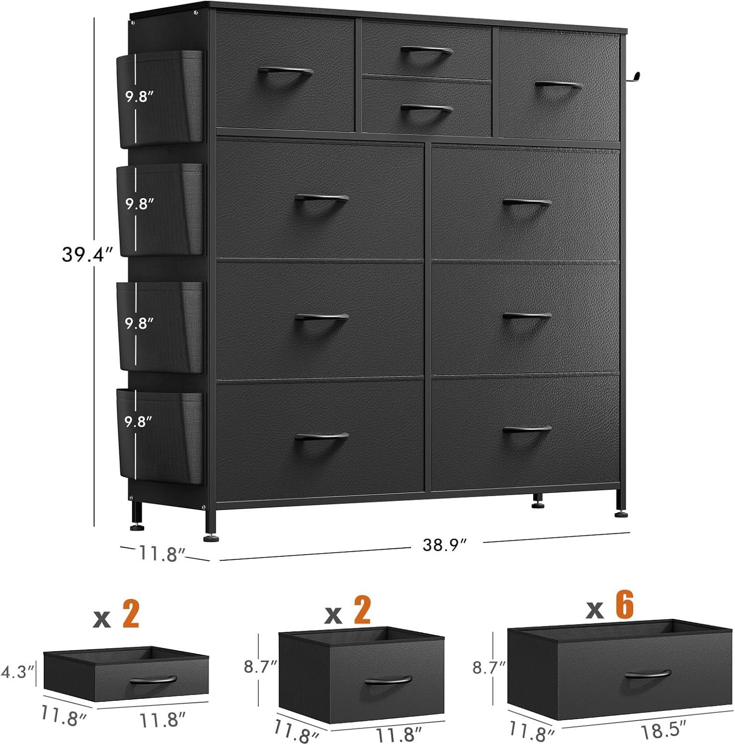 Sienna-Marie 10 - Drawer Dresser, Chest of Drawers for Bedroom with 4 Side Pockets and 2 Hooks