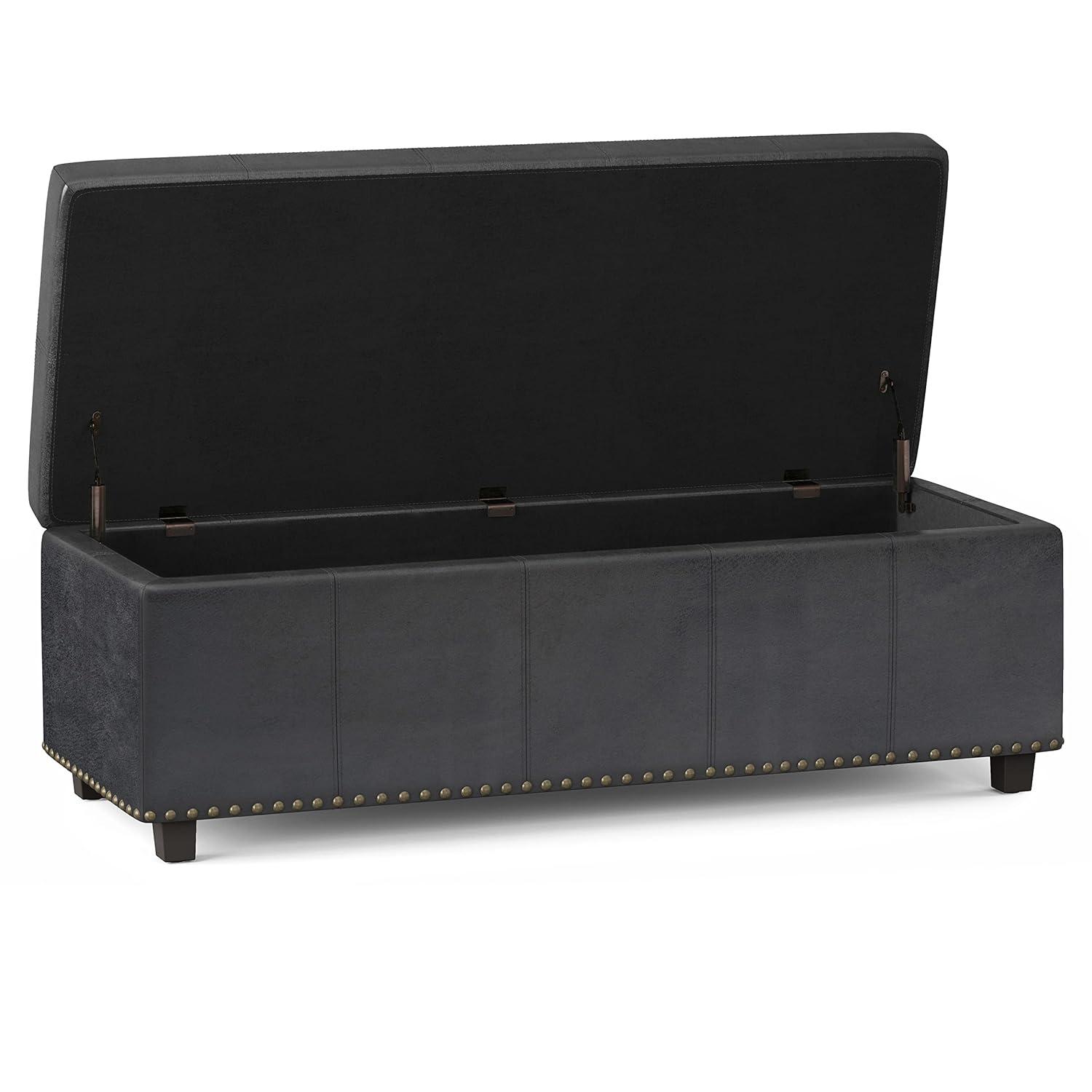 Simpli Home Kingsley 48"W Upholstered Storage Ottoman with Lift-Top Lid, Nailhead Trim, and Stitching Detail