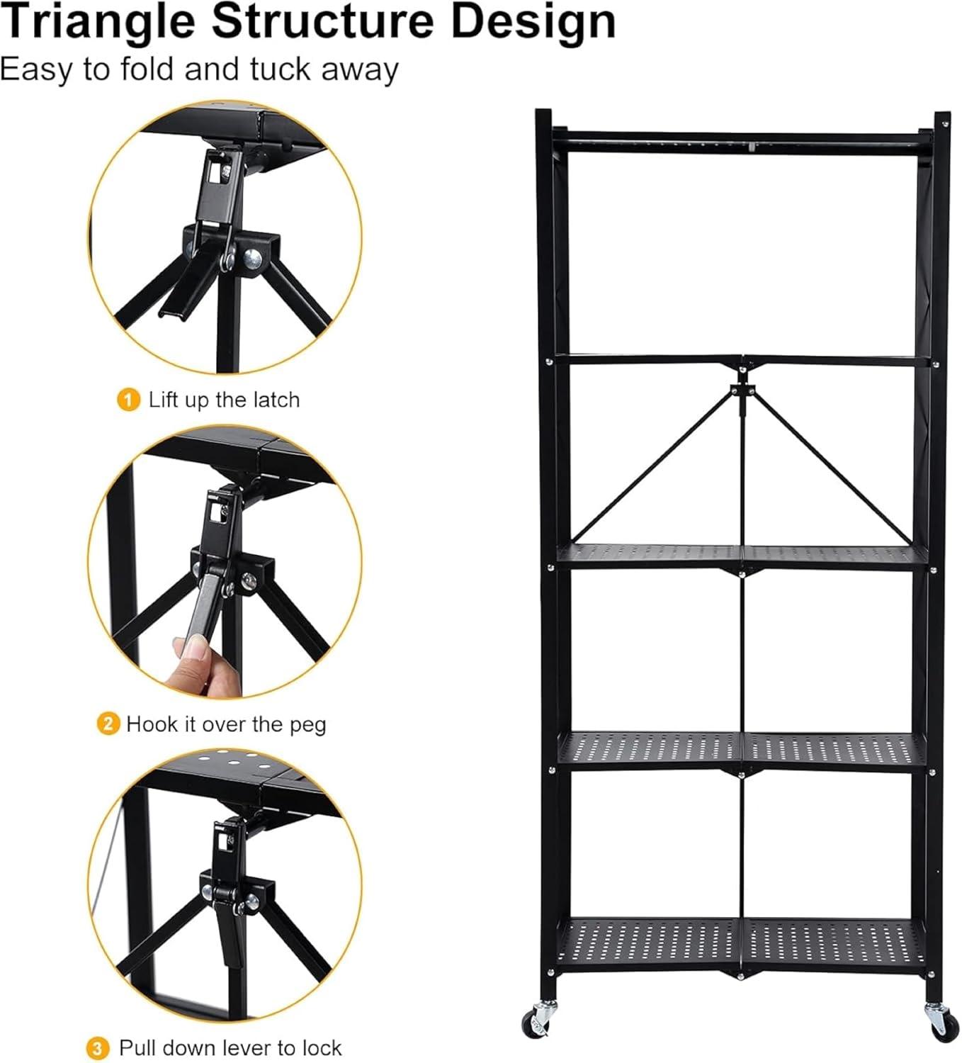 HeSLehs 4-Tier Heavy Duty Foldable Metal Rack Storage Shelving Unit with Wheels Moving Easily Organizer Shelves Great for Garage Kitchen, Black