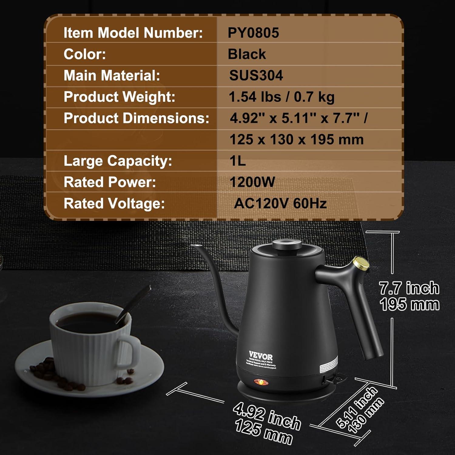 Black Stainless Steel 1L Electric Gooseneck Kettle