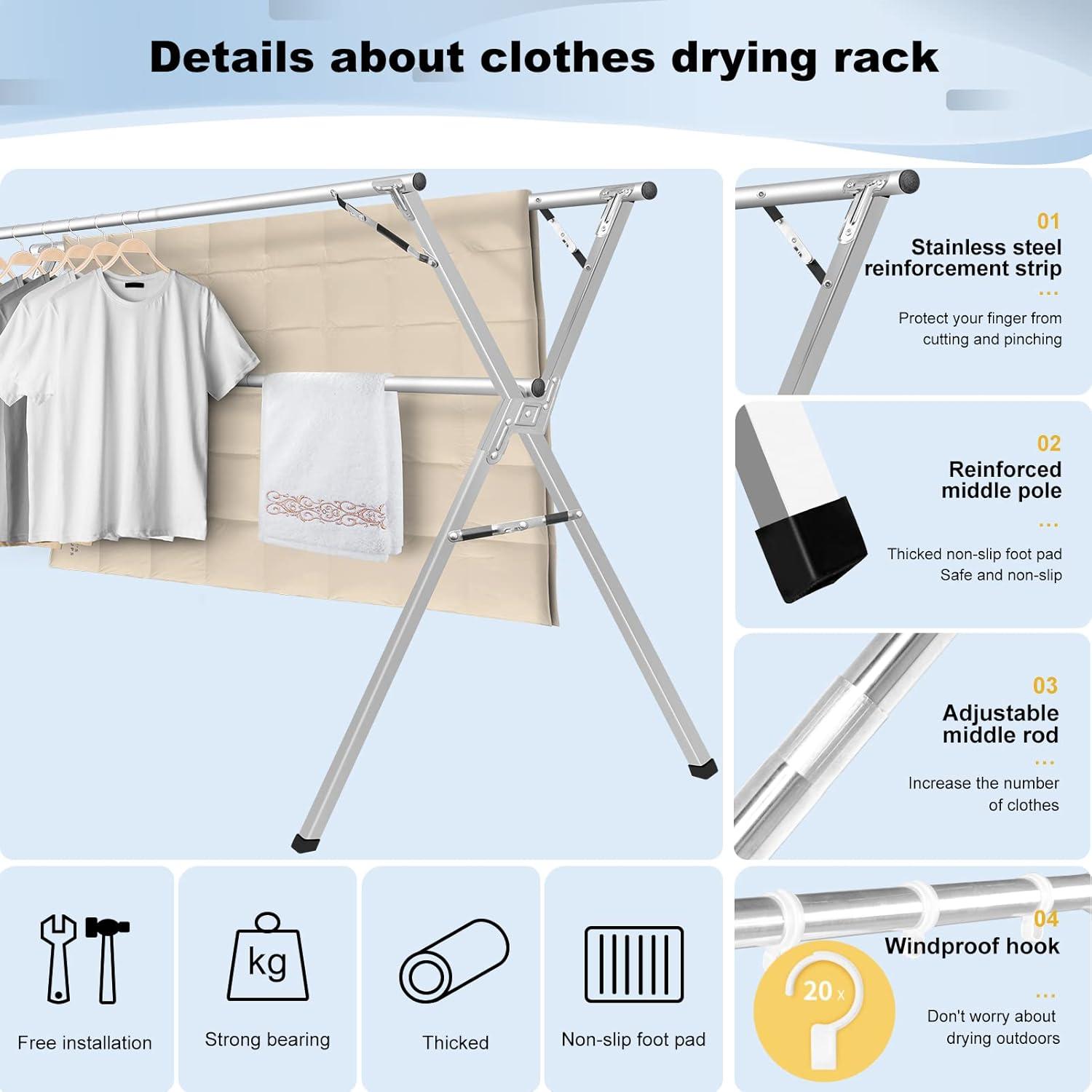 Sillars Clothes Drying Rack, 79 inches Laundry Drying Rack Clothing Foldable & Collapsible Stainless Steel Heavy Duty Clothing Drying Rack with Windproof Hooks for Indoor Outdoor