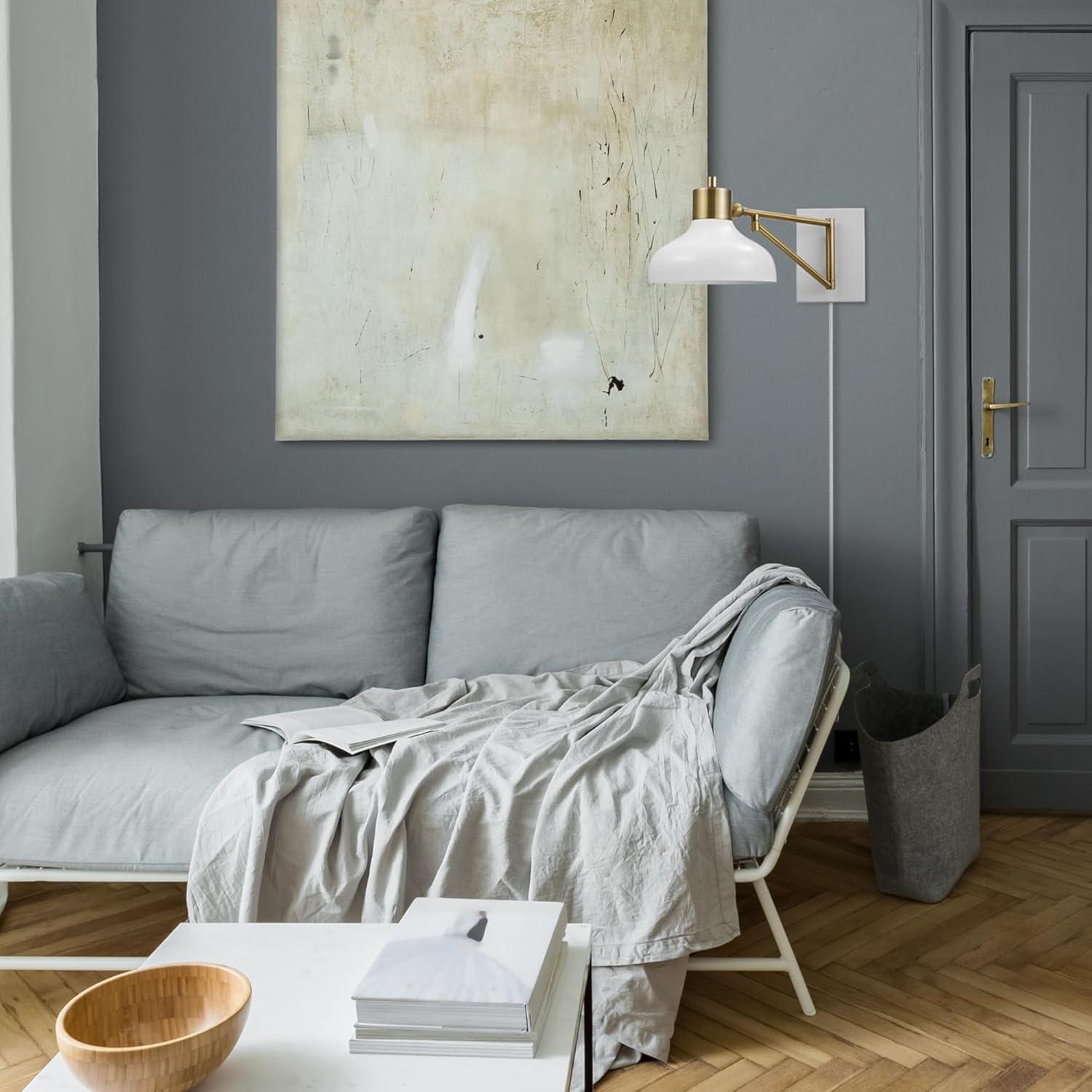 Globe Electric Berkeley 1-Light White and Brass Plug-in or Hardwire Swing Arm Indoor Wall Sconce