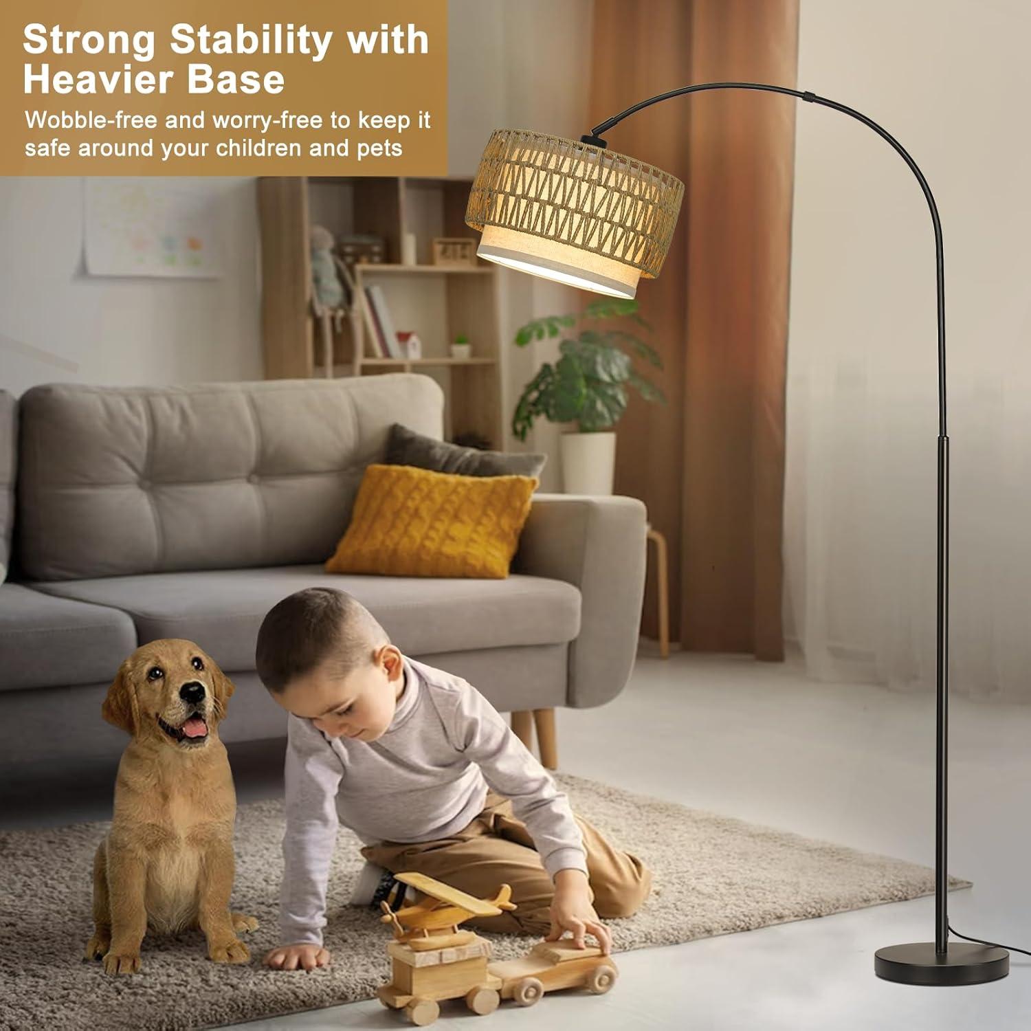 Rattan Floor Lamp, Dimmable Arc Floor Lamps for Living Room, Boho Farmhouse Standing Lamp with Adjustable Head, Tall Pole Lamp Reading Light for Bedroom, Over Couch, Office, 9W LED Bulb Included