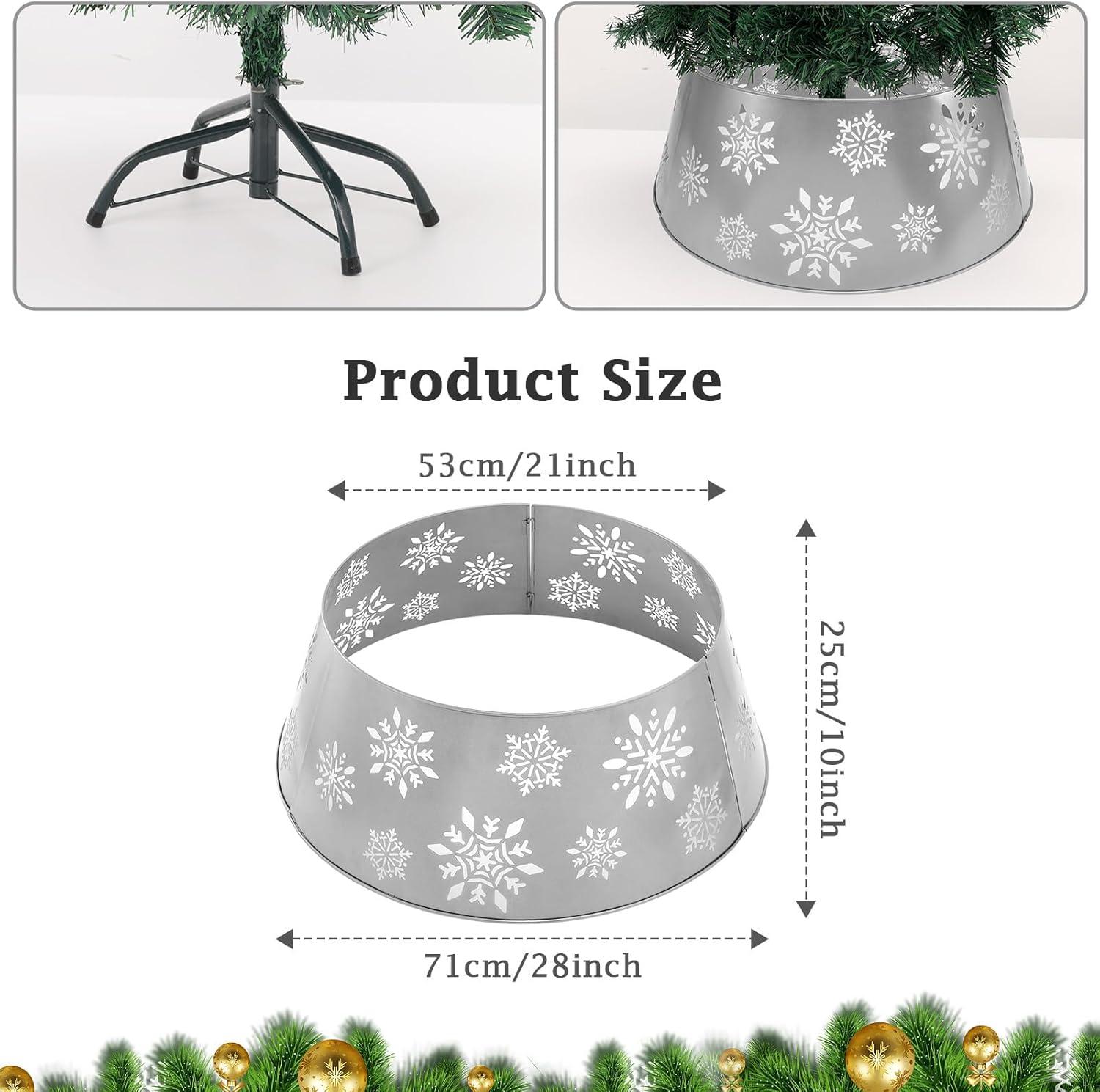 Metal Christmas Tree Collar, 3D Hollow Snowflake Pattern Christmas Tree Skirt with Star-Shaped LED String Lights, 29 Inch Diameter Decorative Xmas Tree Ring Stand Base Cover, Silver