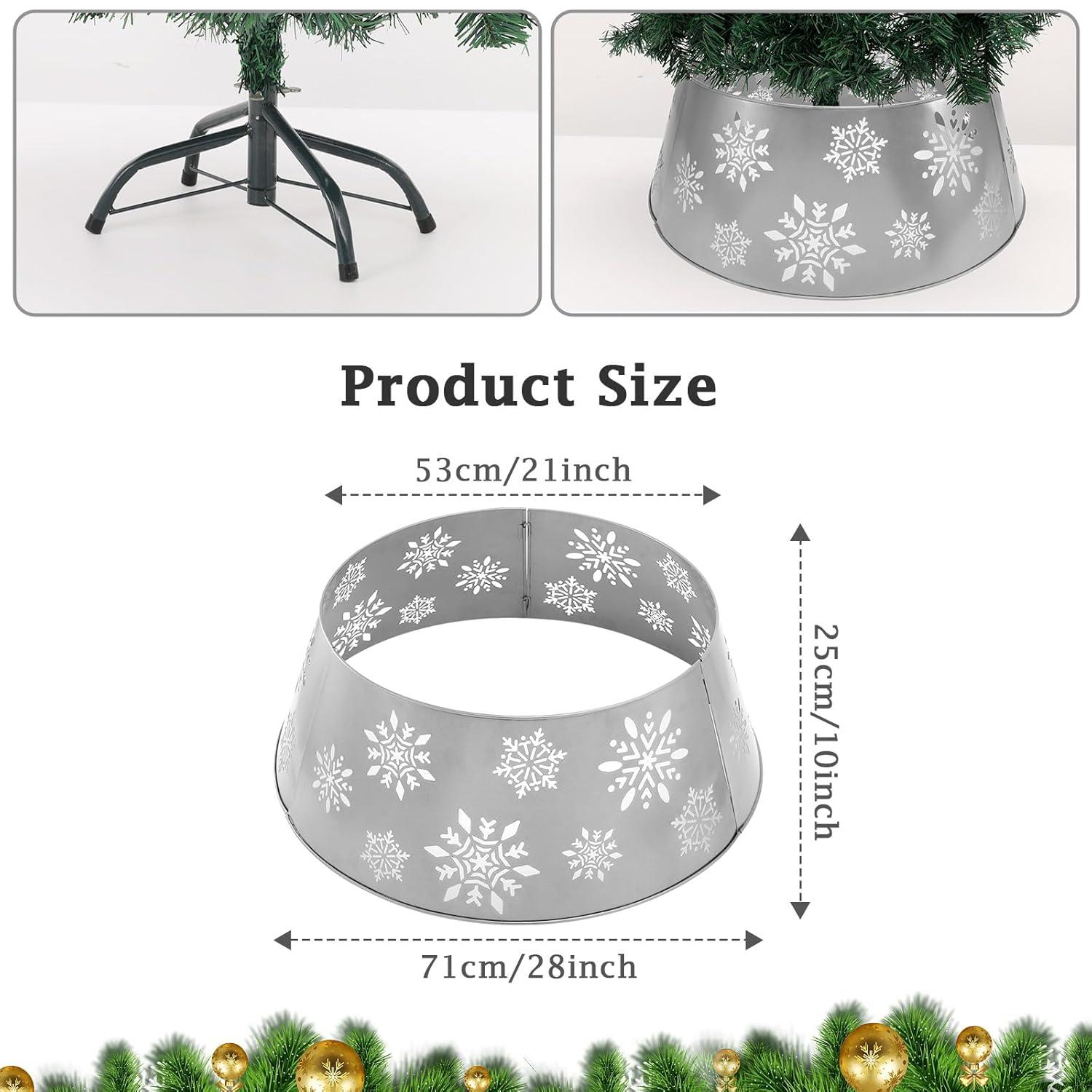 Metal Christmas Tree Collar, 3D Hollow Snowflake Pattern Christmas Tree Skirt with Star-Shaped LED String Lights, 29 Inch Diameter Decorative Xmas Tree Ring Stand Base Cover, Silver