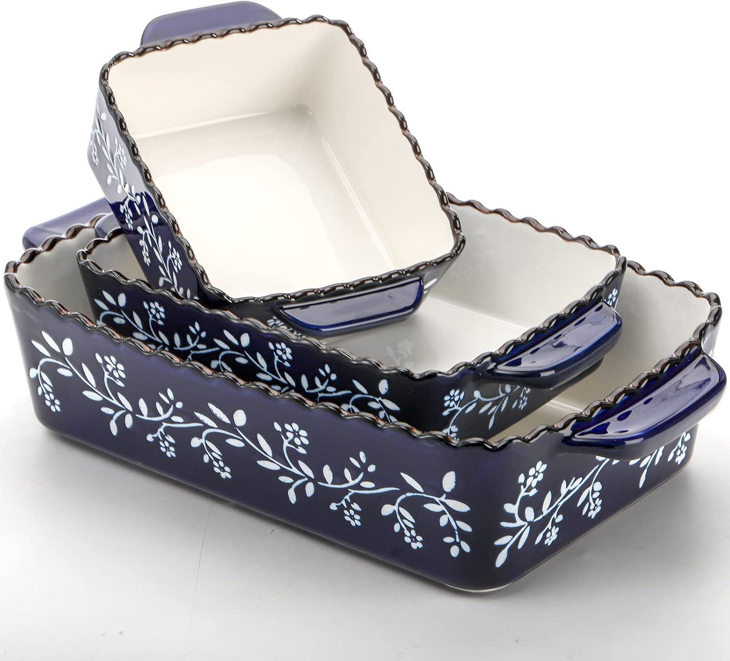 AVLA 3 Pack Ceramic Bakeware Set Porcelain Rectangular Baking Dish Lasagna Pans for Cooking Kitchen Casserole Dishes Cake Dinner 12 x 8.5 x 6 Inches of Baking Pans Banquet and Daily Use Cobalt Blue
