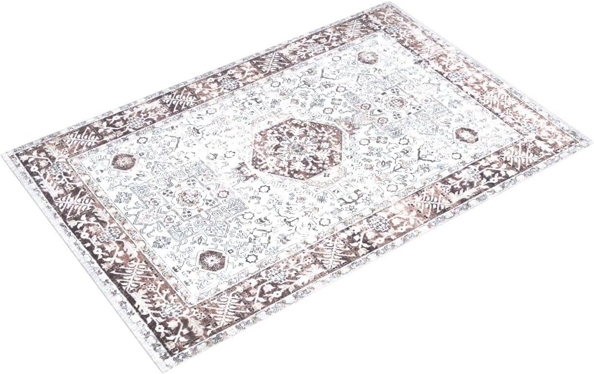 Oriental Beige/Brown Machine Washable Area Rug