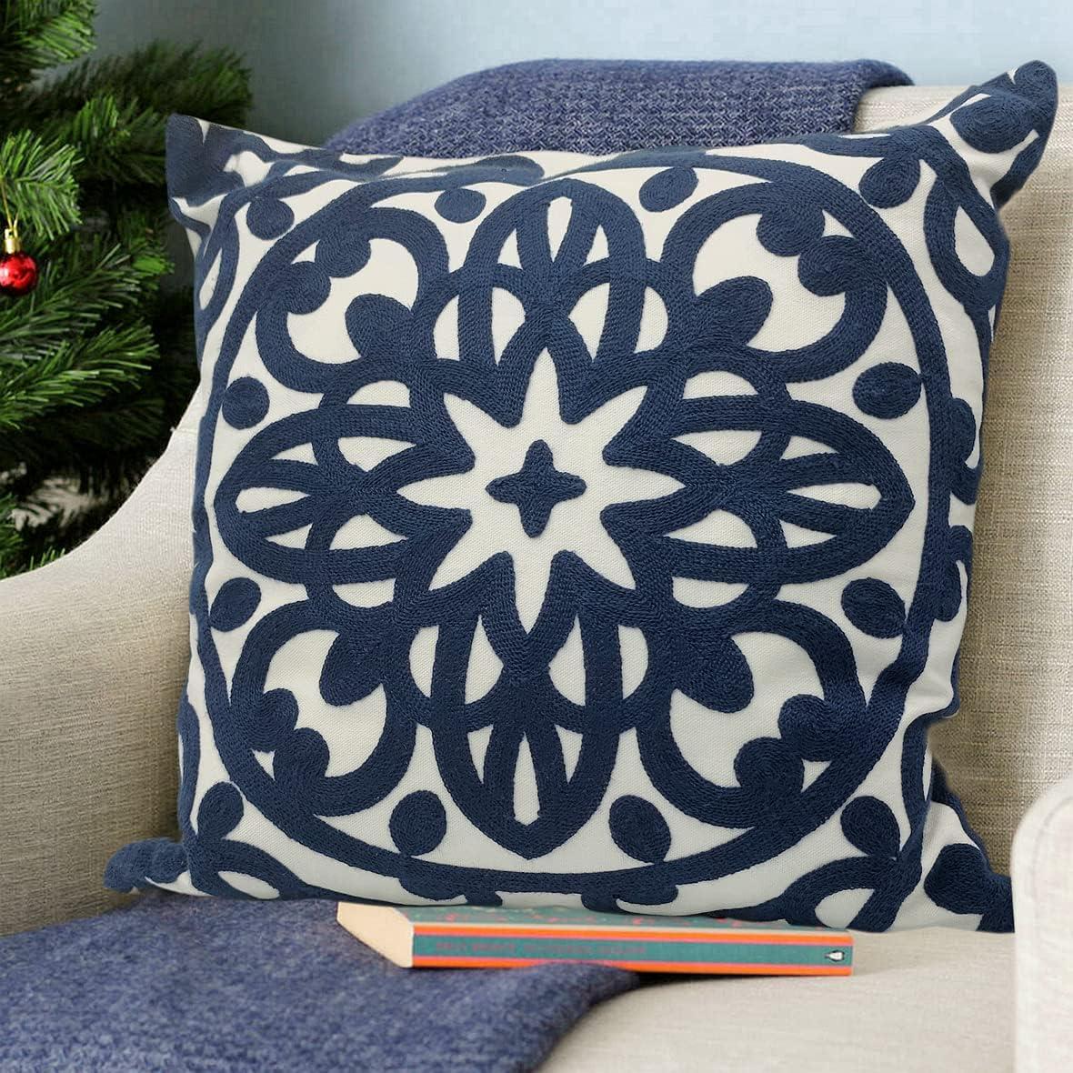 Navy Blue Embroidered Cotton Boho Euro Pillow Cover 18x18