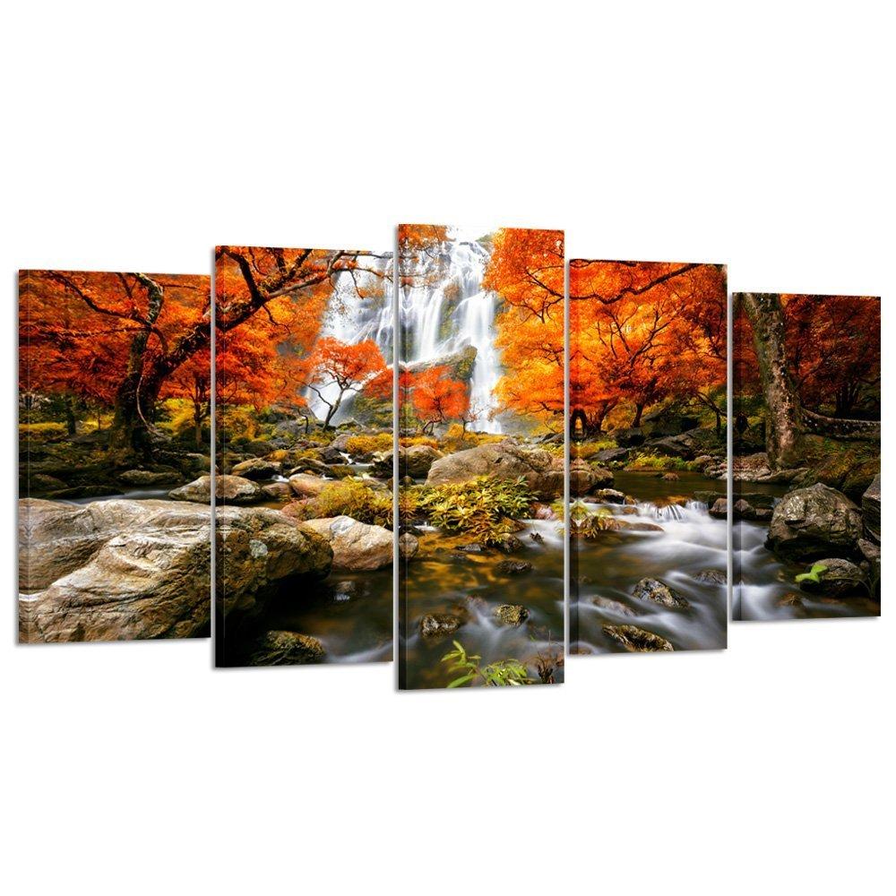 KREATIVE ARTS - Autumn Forest Waterfalls 5 Piece Modern Wrapped Giclee Canvas Prints Artwork Landscape Tree Paintings Pictures on Canvas Wall Art for Living Room (Large Size 60x32inch)