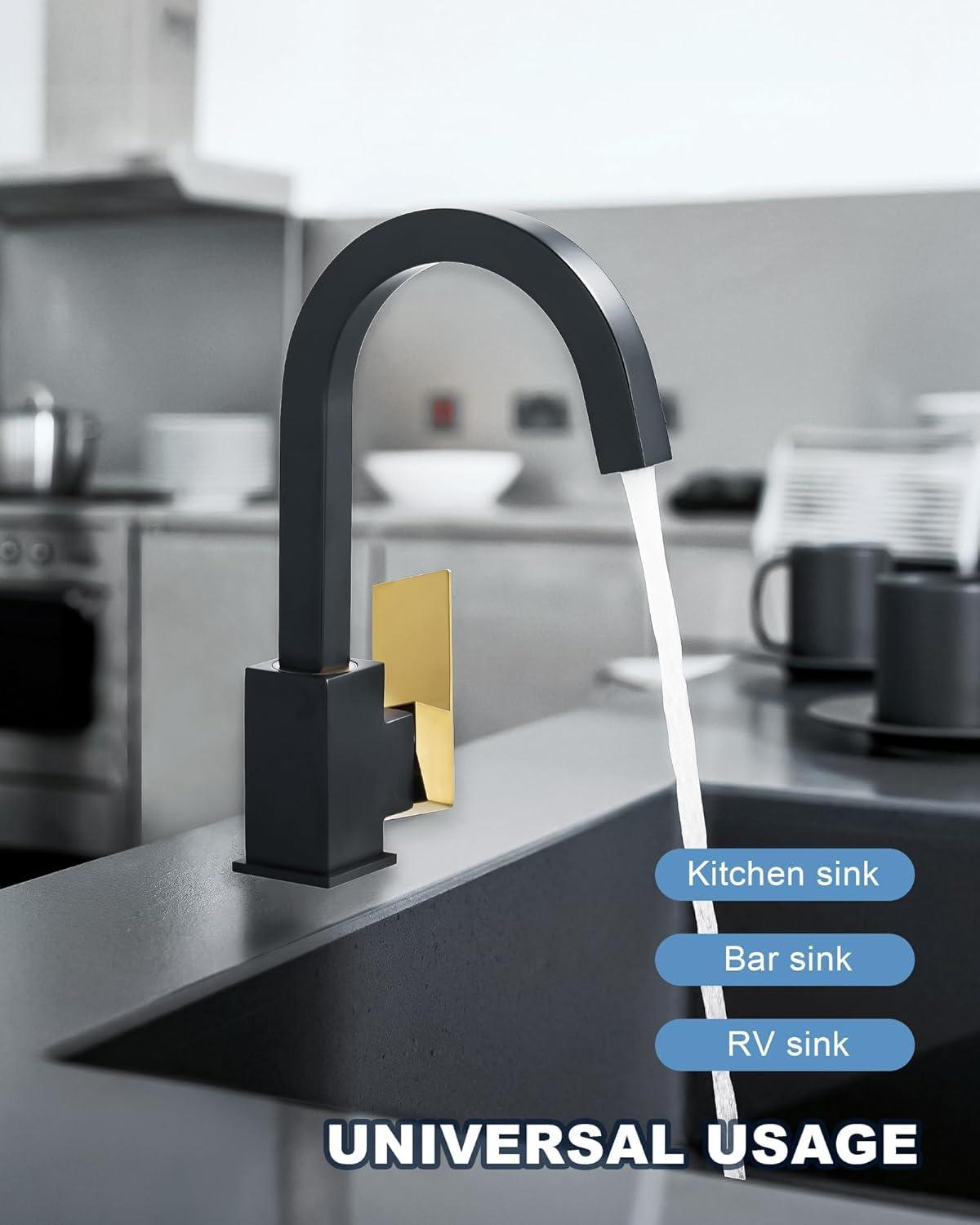 Bar Sink Faucet Black Gold, Bar Sink Faucet Single Hole, Stainless Steel Wet Bar Faucet with Single Handle for Kitchen Bathroom RV Restroom Sink, Durability Rust Square-Structured Faucet