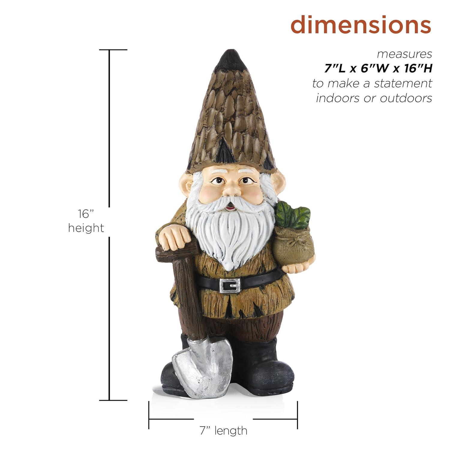 Alpine Corporation 7" x 6" x 16" Polystone Gnome with Shovel Garden Statue, Brown