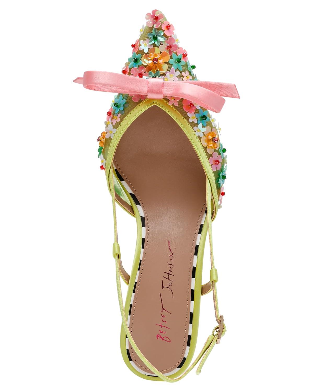 Lime Floral Sequin Mesh Slingback High Heel Pumps
