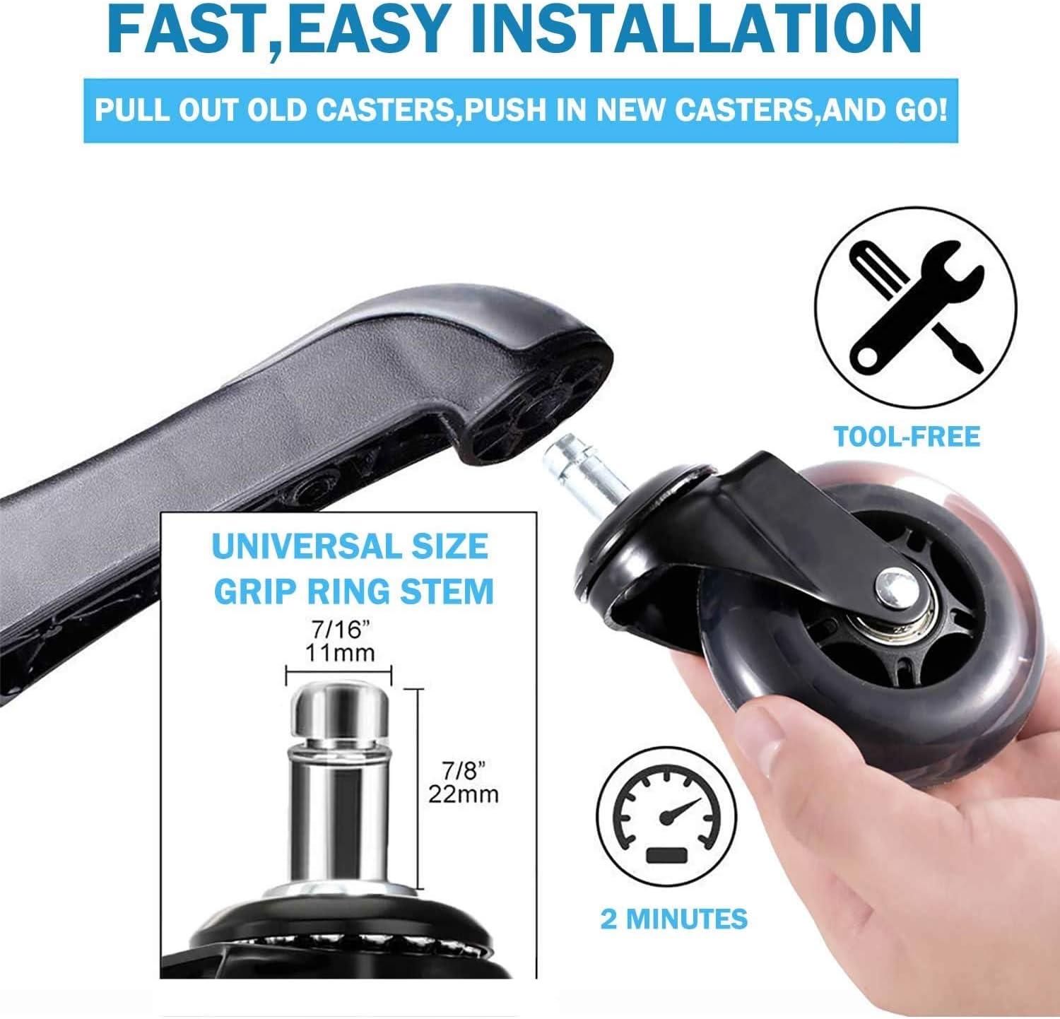 Office Chair Caster Wheels 2" Dual Wheels Set of 5 for Tile and Hardwood Floors, Universal Fit for Most Chairs (Transparent)