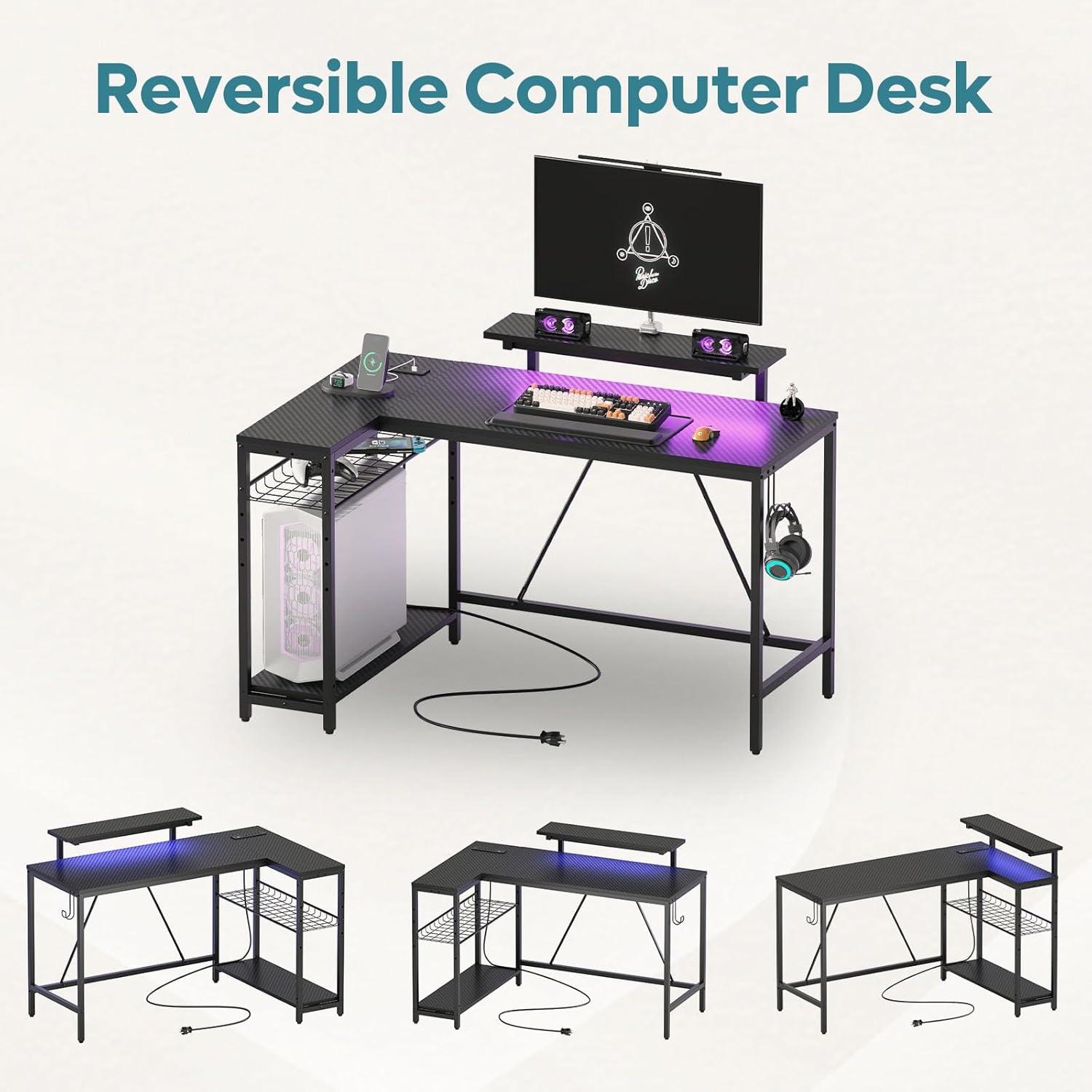 Black L-Shaped Gaming Desk with Power Outlet and USB Ports