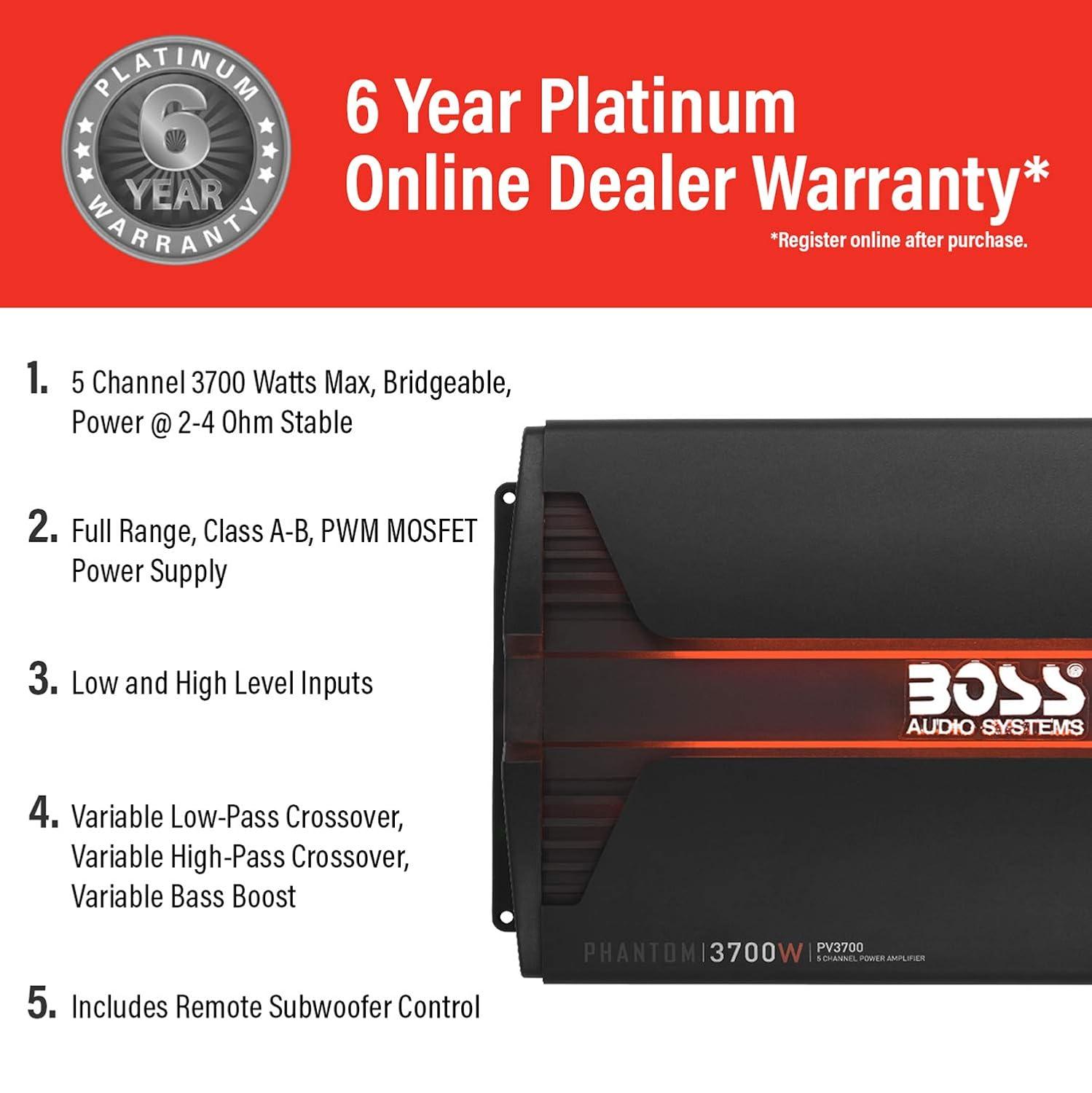 BOSS Audio Systems PV3700 Phantom Series 5 Channel Class A/B Car Amplifier – 3700 High Output, 2-8 Ohm Stable, Low/High Level Inputs, High/Low Pass Crossover, MOSFET, Hook up to Subwoofer for Bass
