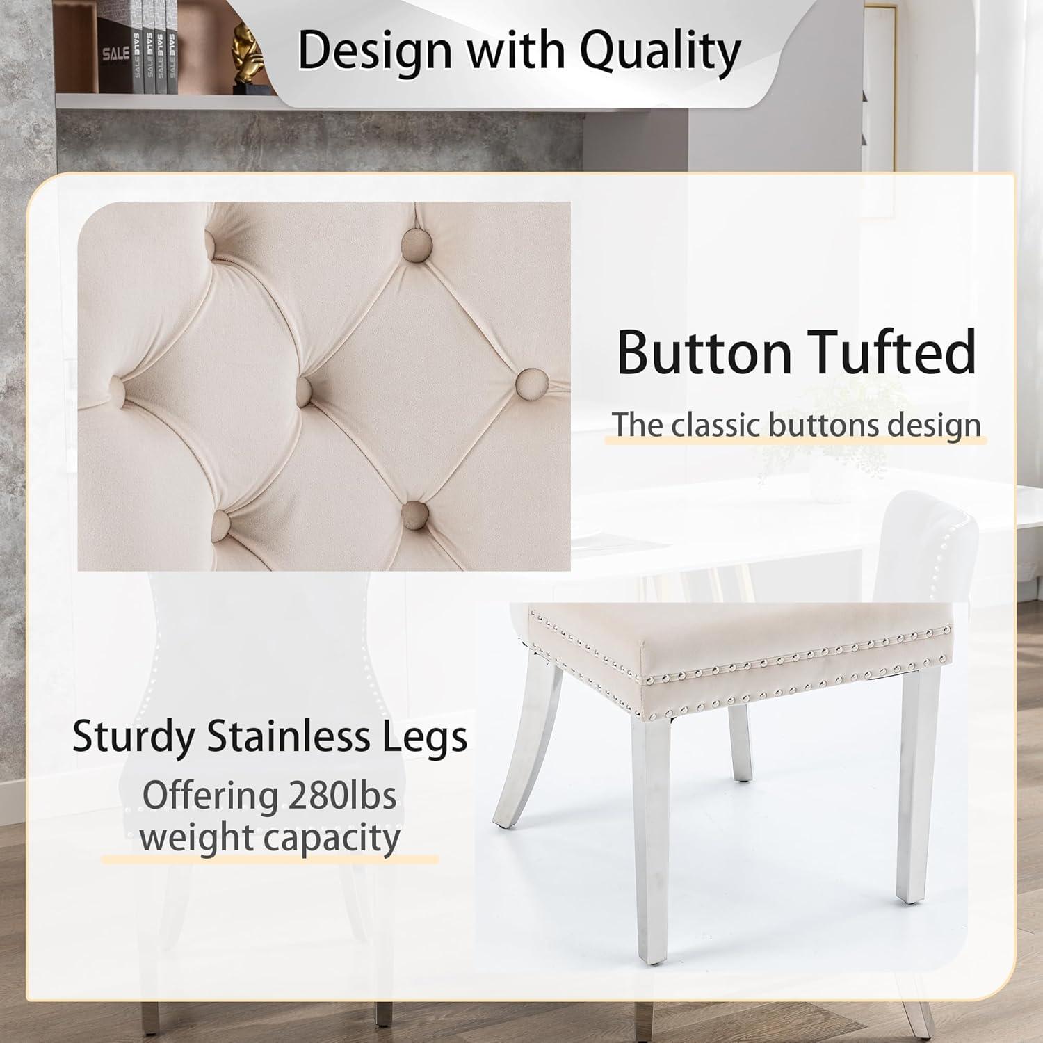 BELLEZE Upholstered Dining Chairs Set of 2, Velvet Luxury Dining Room Chairs with Button Back, Nailhead Trim, Pull-ring, Solid Wood Legs for Kitchen, Living Room, Restaurant - Chandler (Beige)