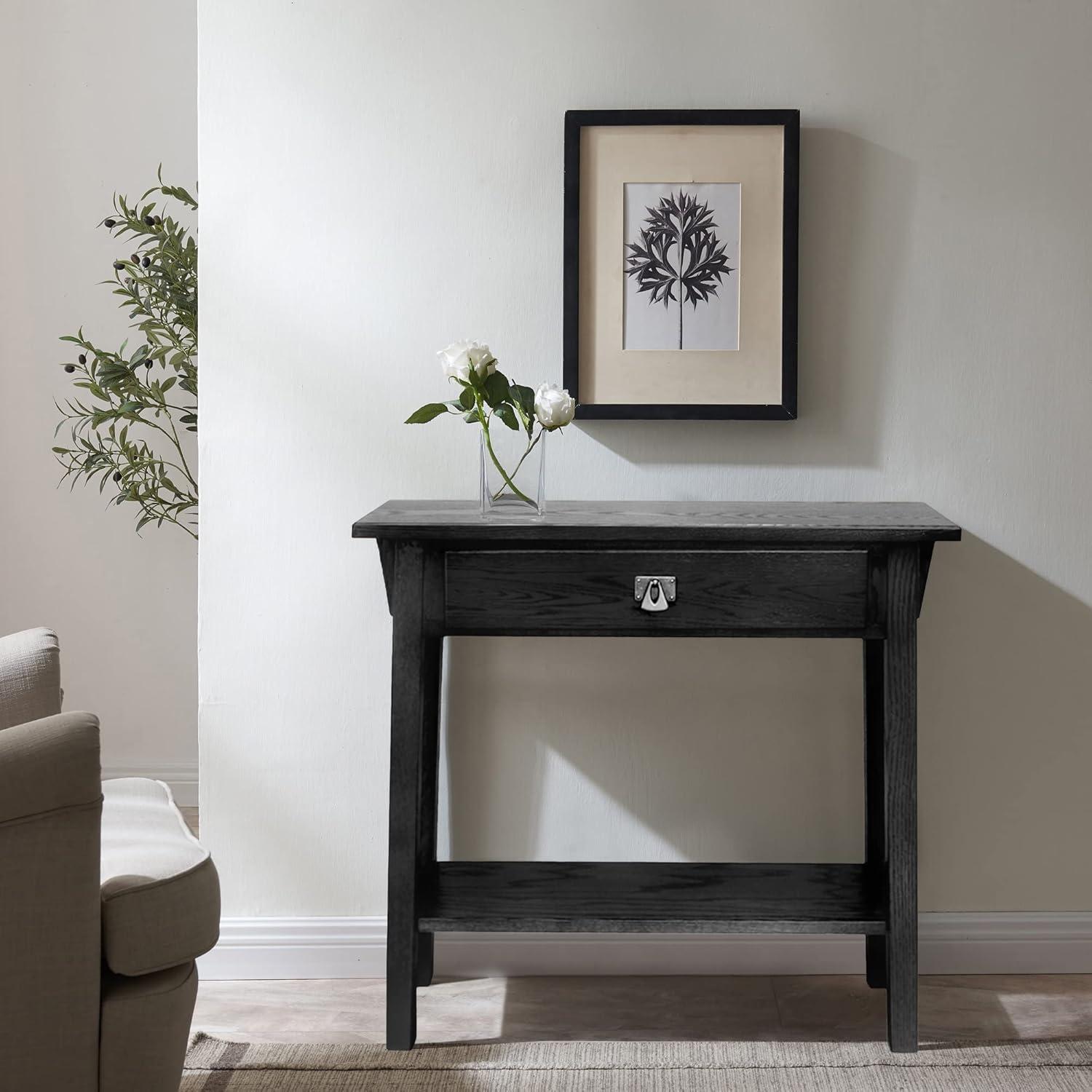 Leick Home 10032-RS Mission Round End Table with Drawer, Made with Solid Wood, Side Table for Living Room, Bedroom, and Office, Slate Black Finish