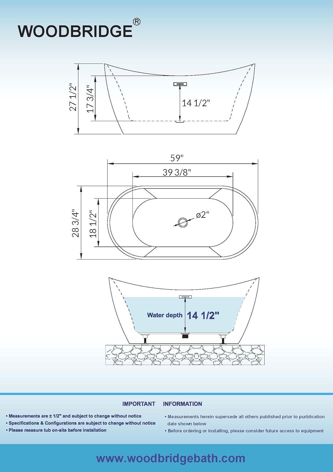 WoodBridge 59" x 28.75" Freestanding Soaking Acrylic Double Slipper Bathtub, Non-Slip Bottom Design BTA-1516