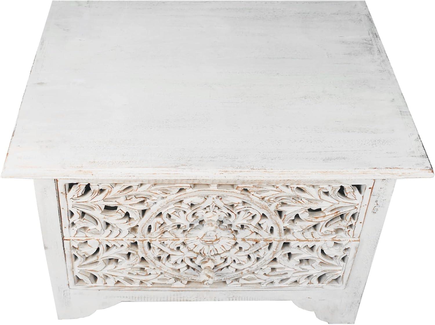The Urban Port 24" Handcrafted Mango Wood Nightstand Side Table 2 Drawers Floral Carved Cut Out Design Antique White