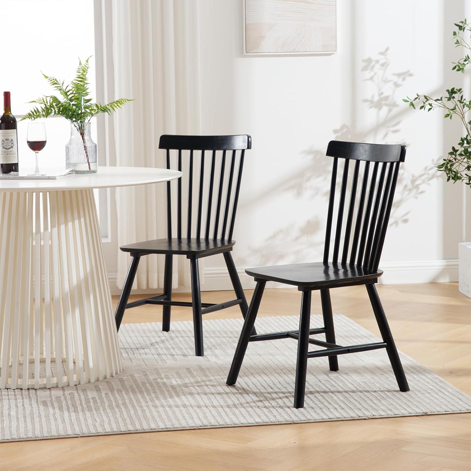 Farmhouse Style Windsor Chairs Set of 2, Vintage Kitchen & Dining Room Chairs with Spindle Back, Comfy Armless Solid Wood Side Chair for Home/Living Room/Restaurant, Black