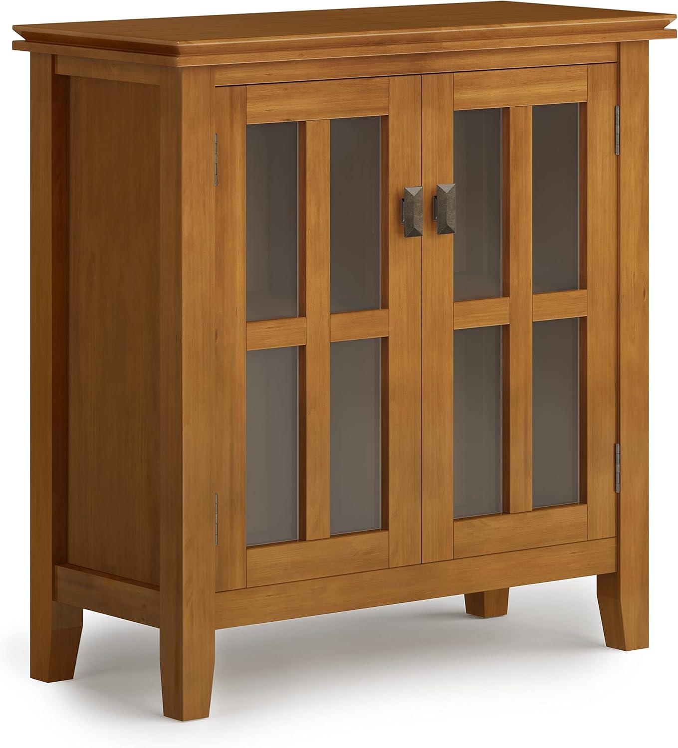 Simpli Home Artisan 30"W Solid Wood 2-Shelf Low Storage Cabinet with Glass Doors and Adjustable Shelves