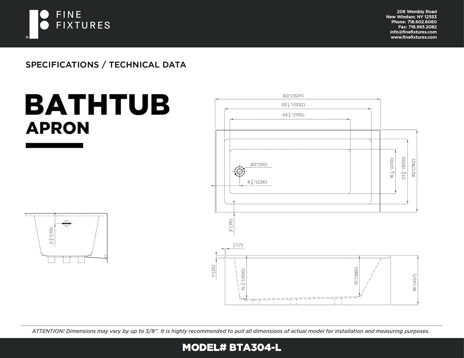 Fine Fixtures Acrylic, Fiberglass Alcove Soaking Bathtub with Integral Apron Front in Glossy White - Left Hand Drain, 60" x 30"