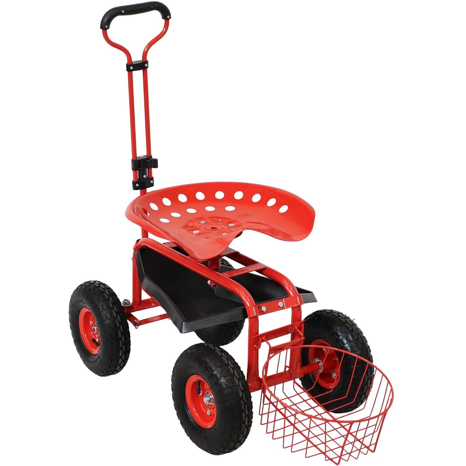 SunnyDaze Decor Steel Steering Handle Swivel Seat & Basket Garden Cart