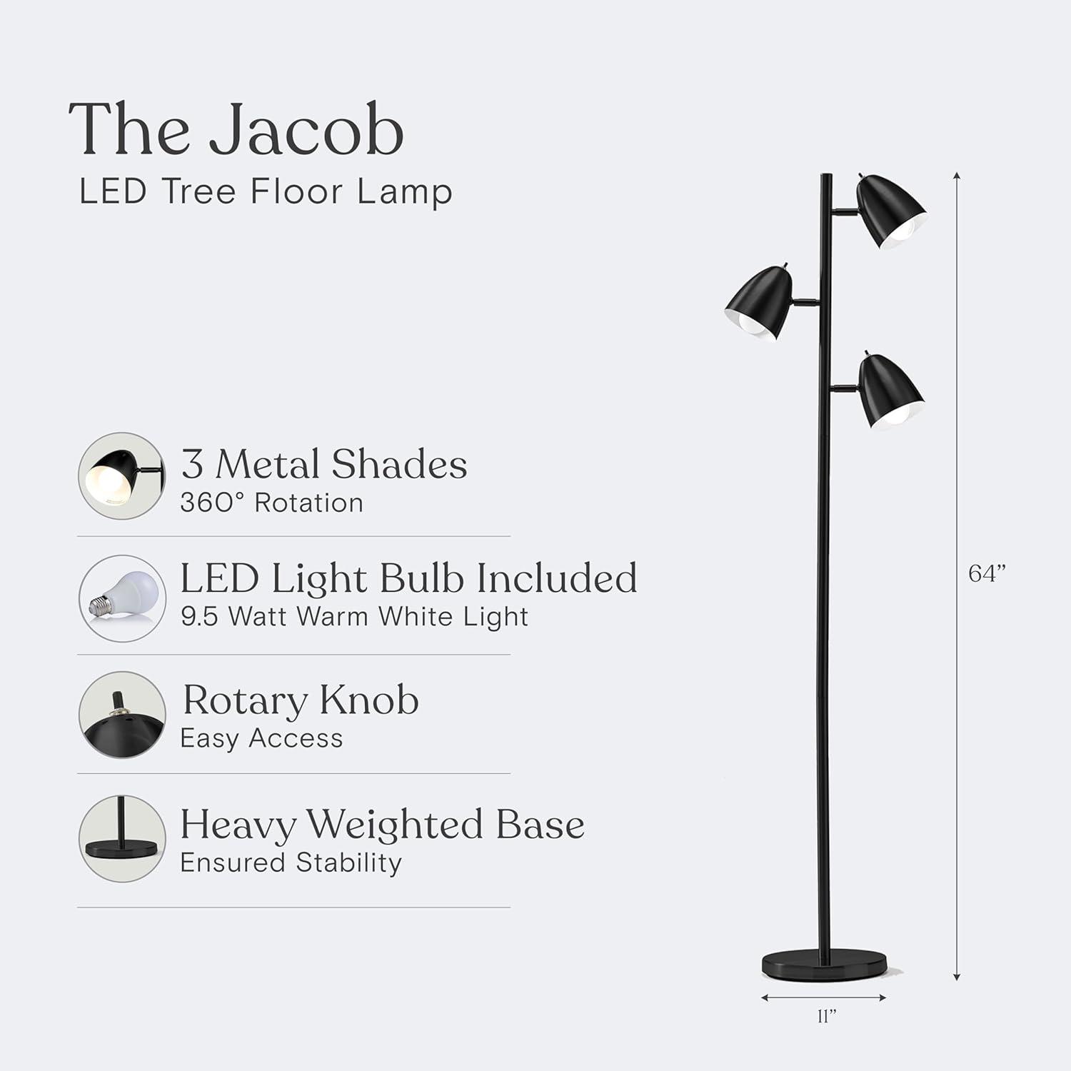 Brightech Jacob 64" Modern 3-Light Adjustable LED Floor Lamp with Black Finish and Metal Cone Shades, Bulbs Included