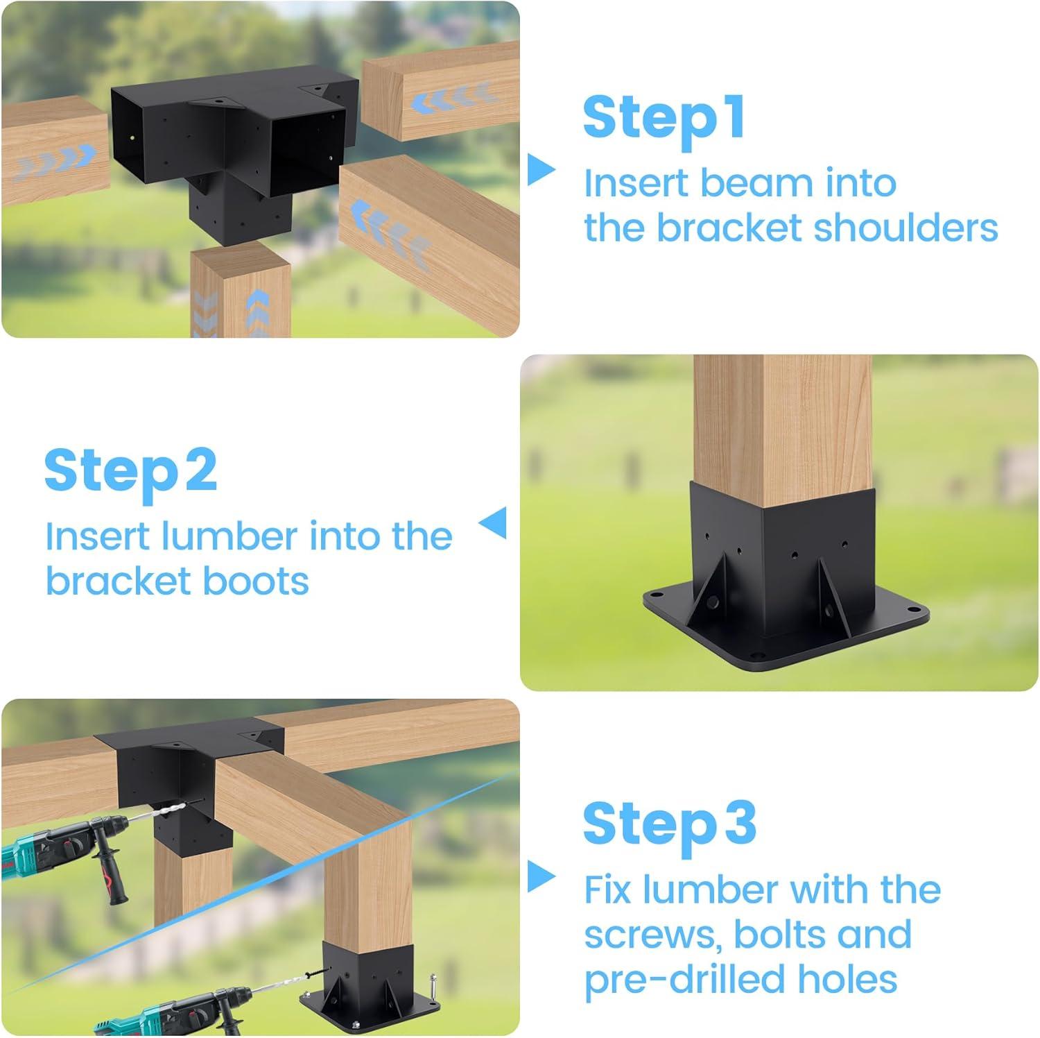 Pergola Kit Elevated Wood Stand Kit Woodwork for 4"x 4" (Actual 3.5" x 3.5"), Solid Steel Wooden Gazebo Kit for Outdoor 4-Way Right Angle Corner Bracket and Base Brackets - Includes Screws