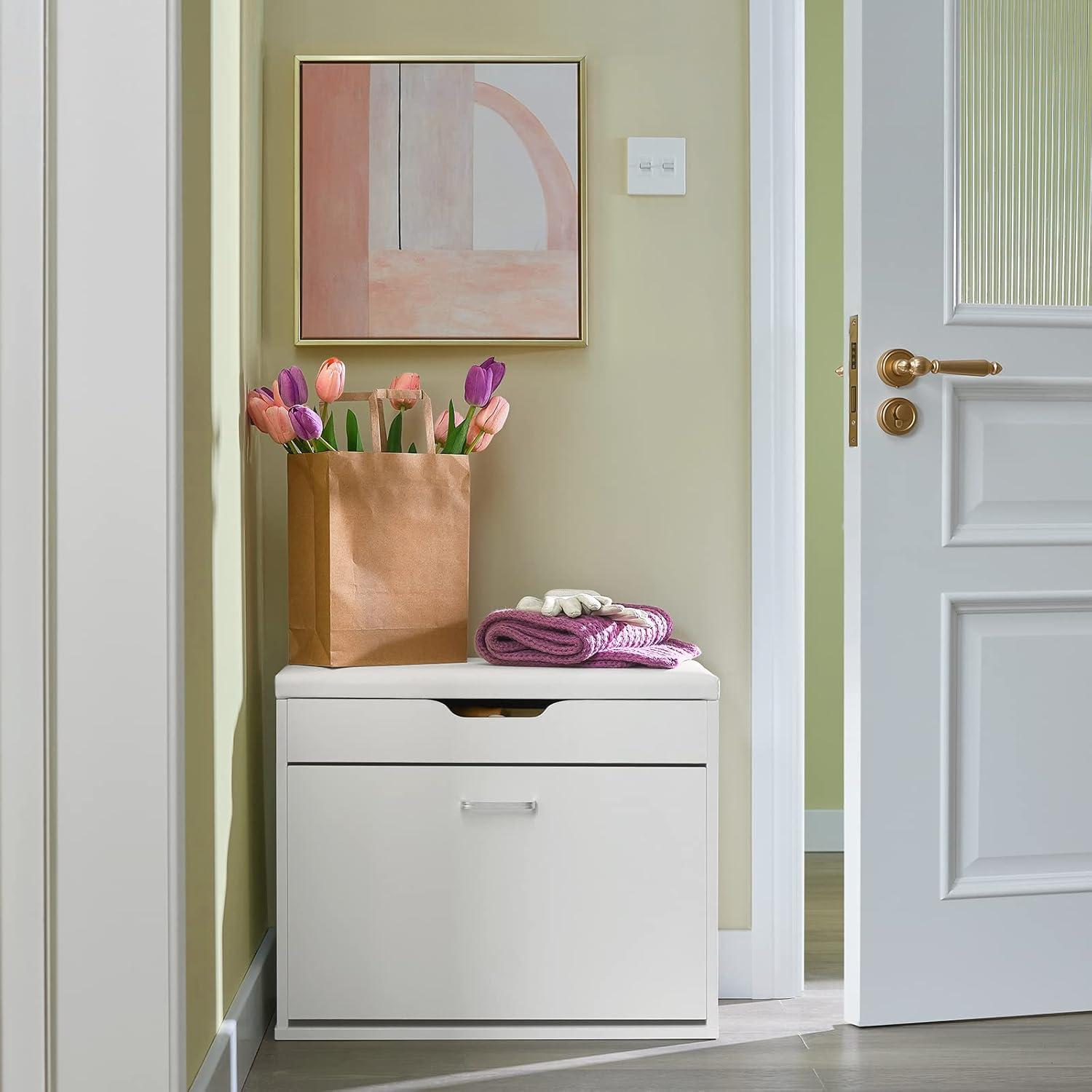 SoBuy Small Shoe Bench, Narrow Shoe Cabinet with Folding Padded Seat, Small Space Shoe Rack, White, FSR95-W