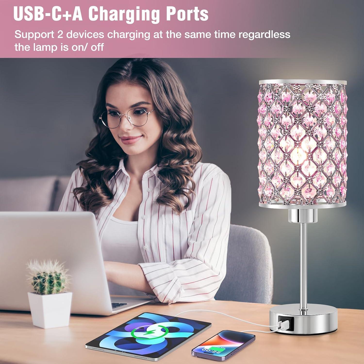 Crystal Table Lamp, Pink Touch Lamp with USB C+A Ports, 3 Way Dimmable with Crystal Shade, Small Bedside Lamps for Girl Bedroom, Living Room(Buld Included)