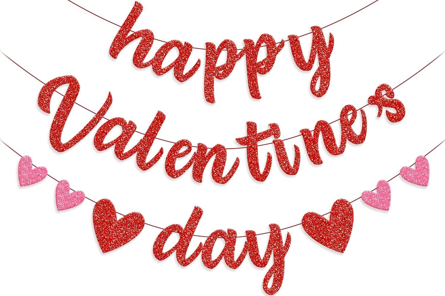 Glittery Heart Valentine's Day Banner, Red & Pink Sparkling Hollow Heart Shape DIY Paper Banner for Wedding Decoration