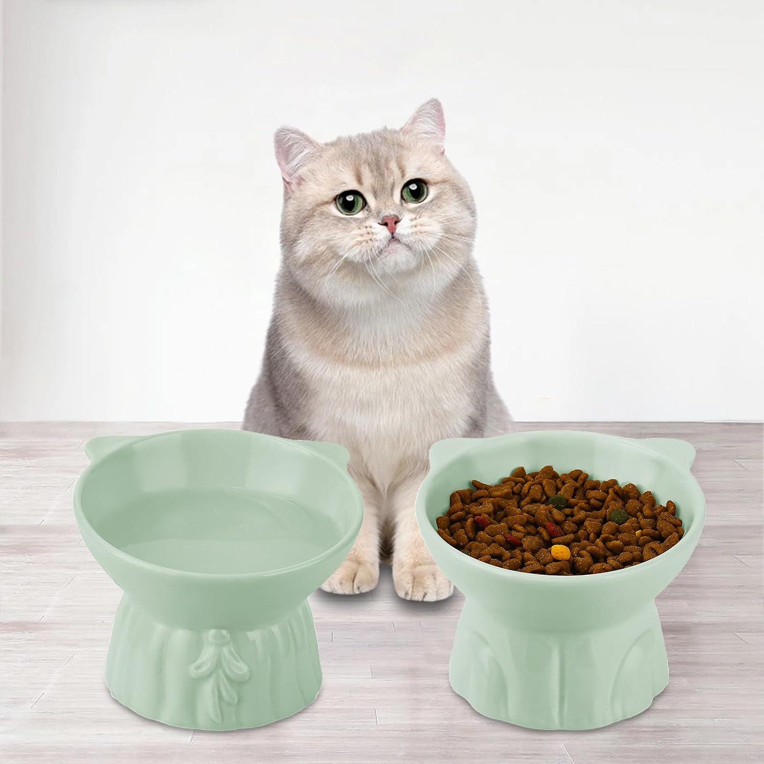 2Pcs Ceramic Elevated Cat Bowls, Extra Wide Raised Cat Bowls for Food and Water, Shallow Cat Food Dish Whisker Friendly, Great Height for Cat (Green)