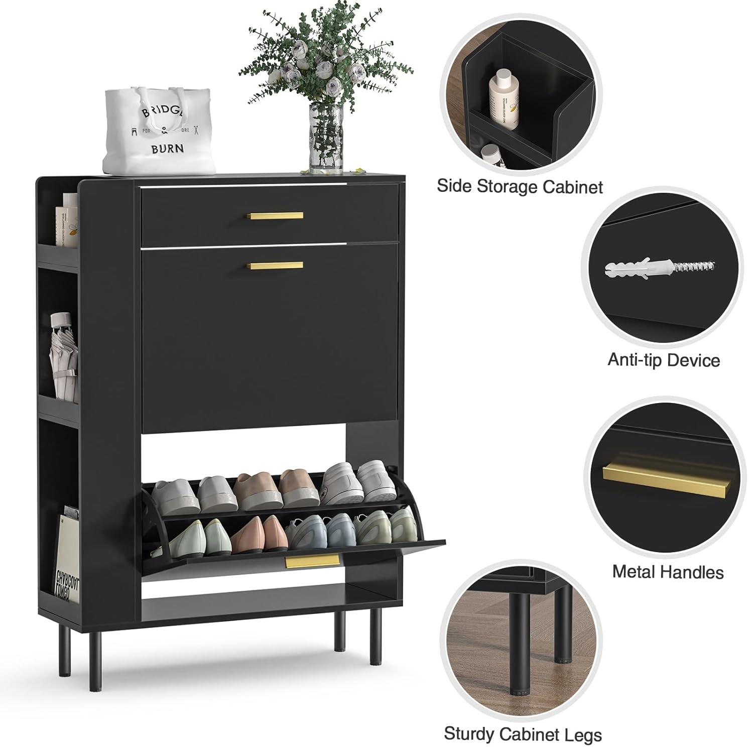 Shoe Cabinet Storage for Entryway  Freestanding Slim Shoe Organizer Cabinet with 2 Flip Drawers  Narrow Shoe Rack with Open Shelves for Hallway  Living Room  White