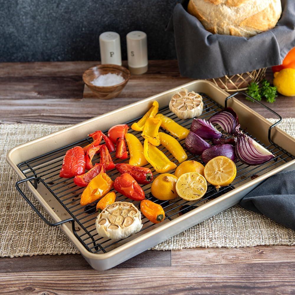 Gold Nonstick High-Sided Baking Tray with Black Rack