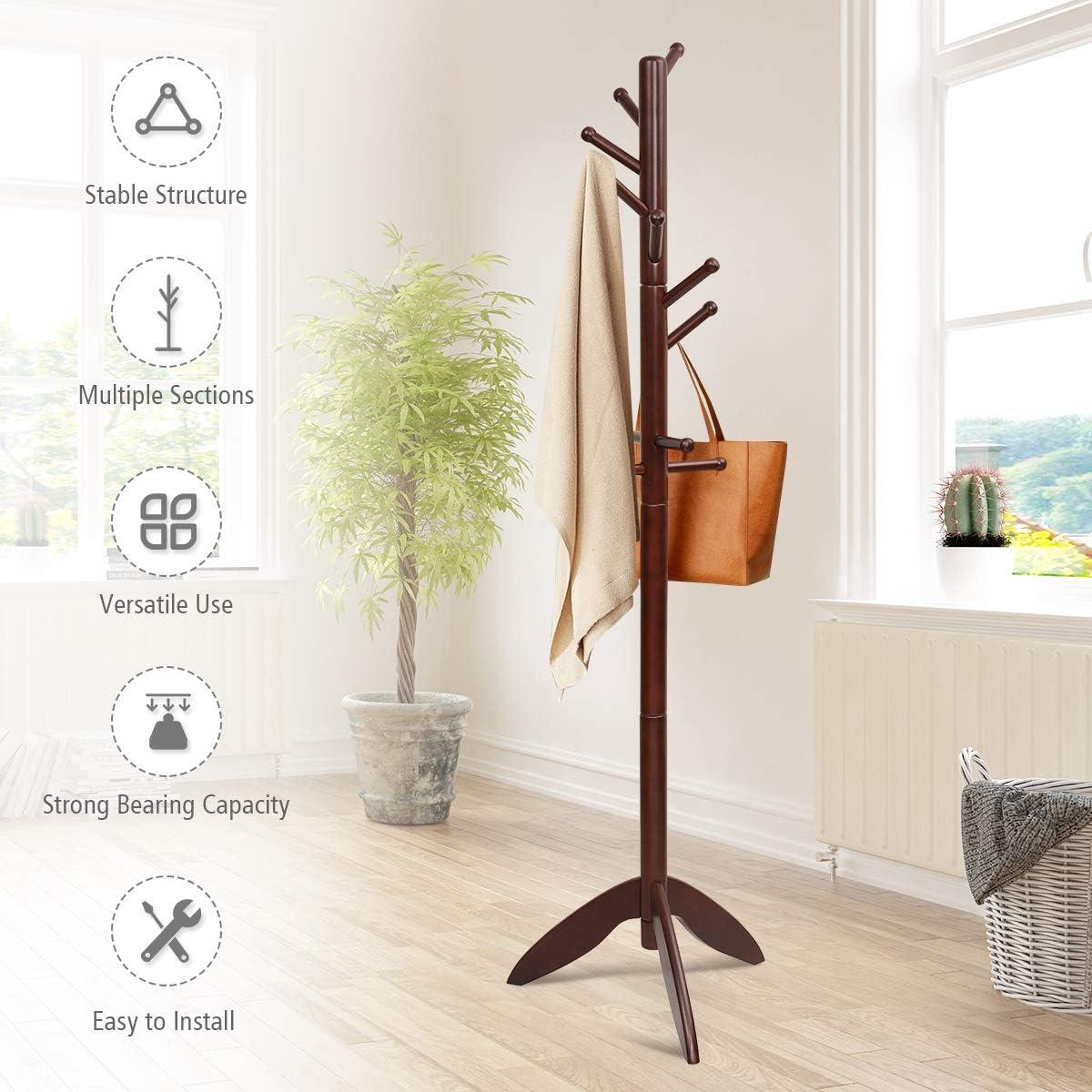 Dark Brown Rubber Wood Freestanding Coat Rack with 11 Hooks