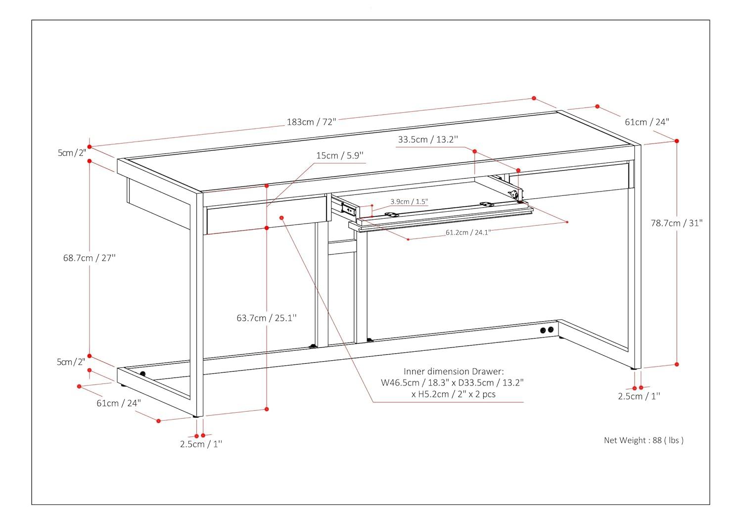 Simpli Home Erina Solid Acacia Wood Desk, Industrial Style with Keyboard Tray and 2 Drawers