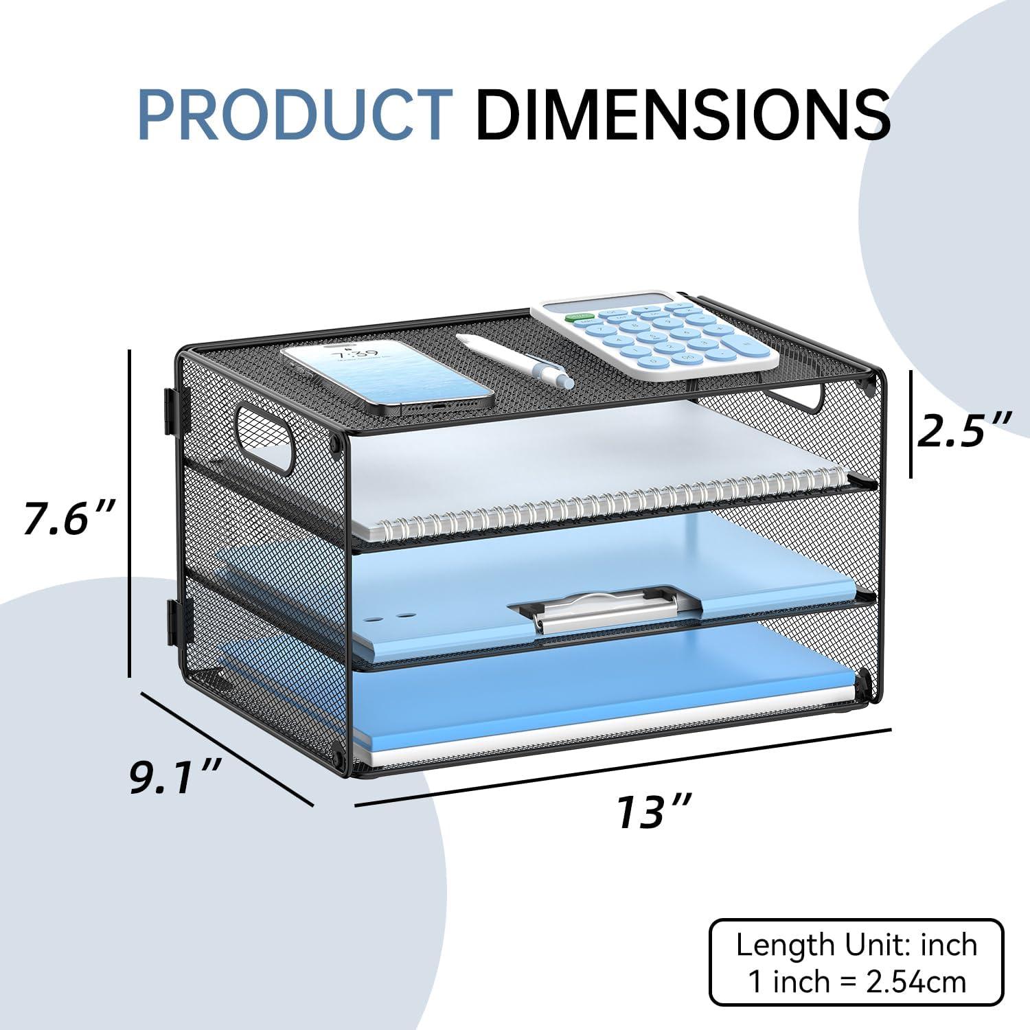 Black Metal Mesh 3-Tier Letter Tray Paper Organizer with Handle