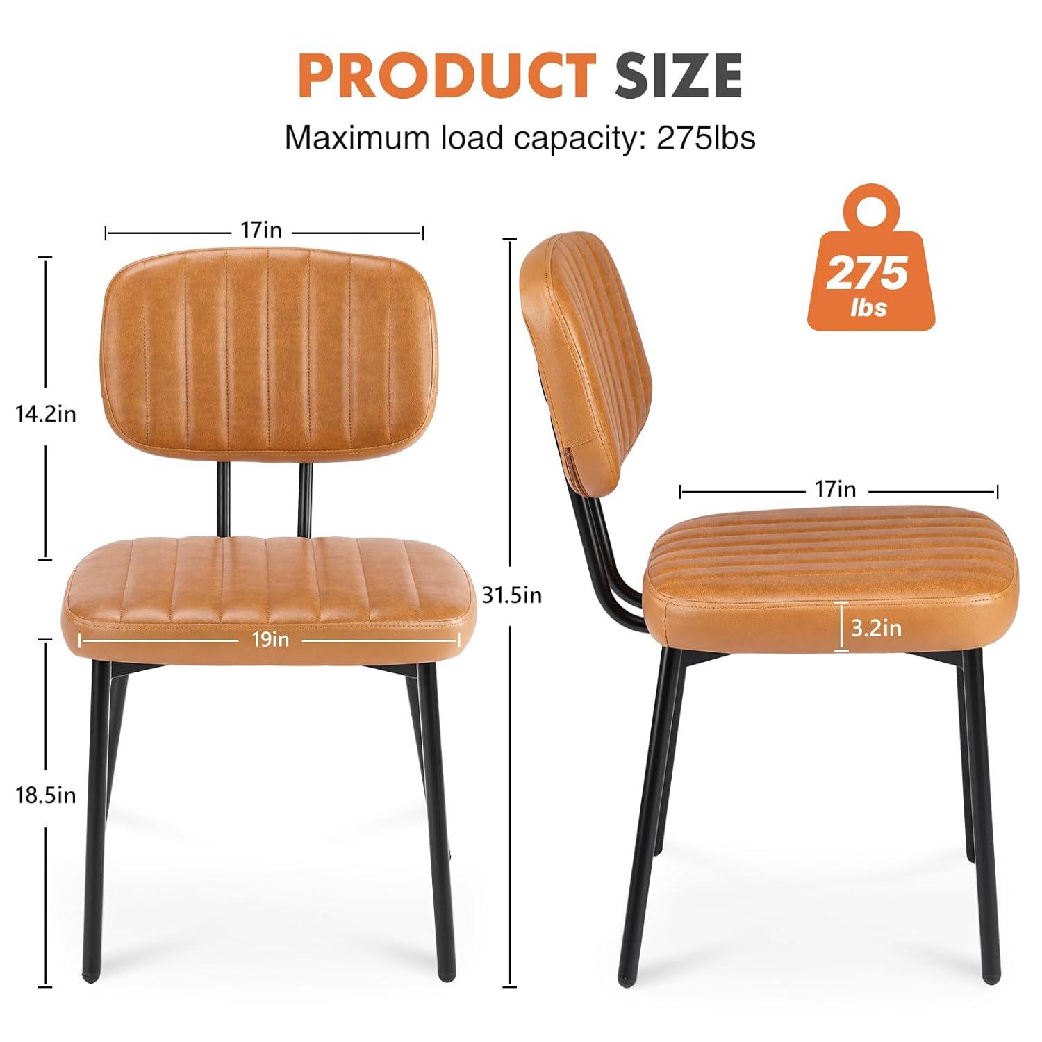 Mid-Century Modern Brown Faux Leather Upholstered Dining Chairs with Metal Legs, Set of 2