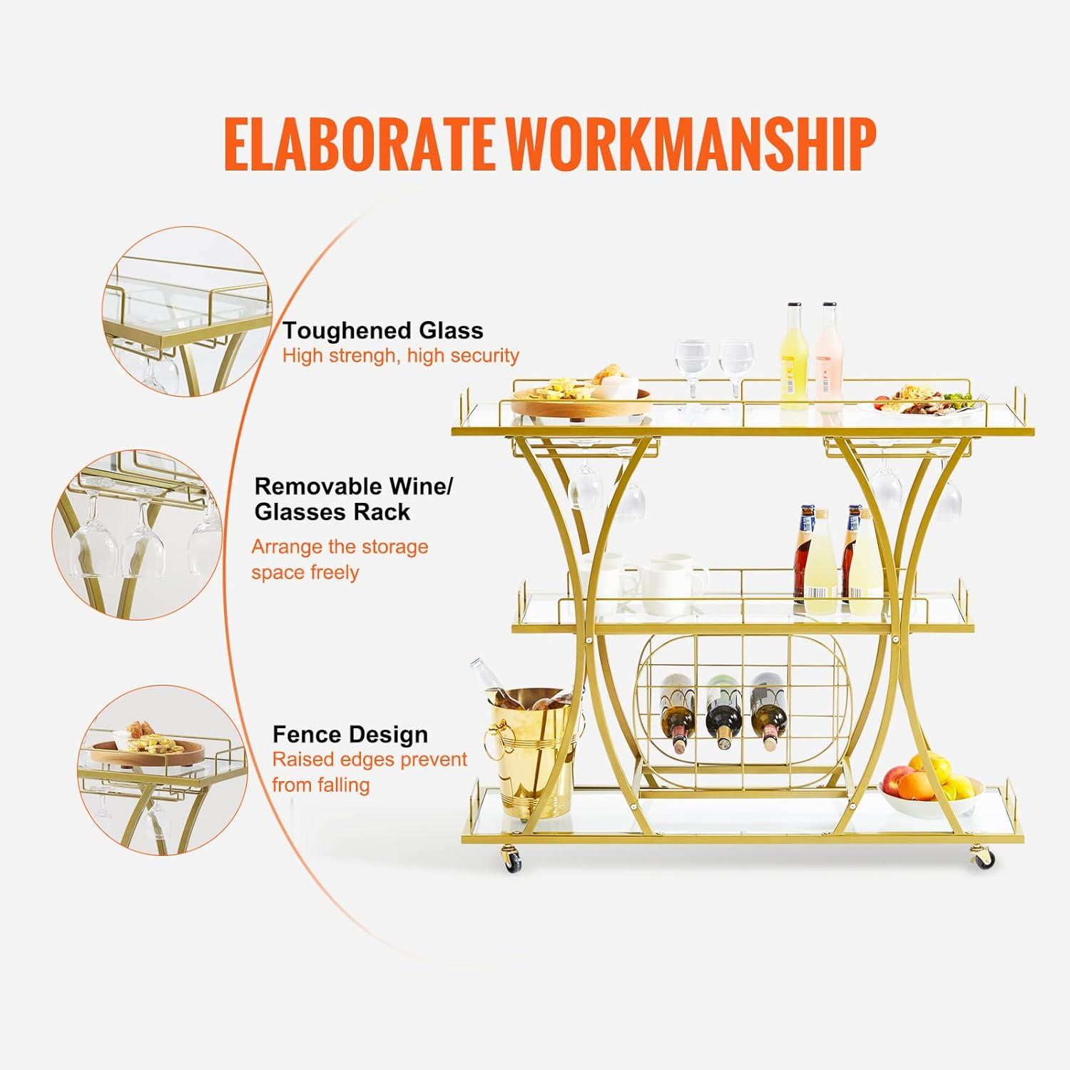 VEVOR Bar Cart Gold 3 Tiers Home Bar Serving Cart on Lockable Wheels with Tempered Glass Shelves Guardrail Wine Rack