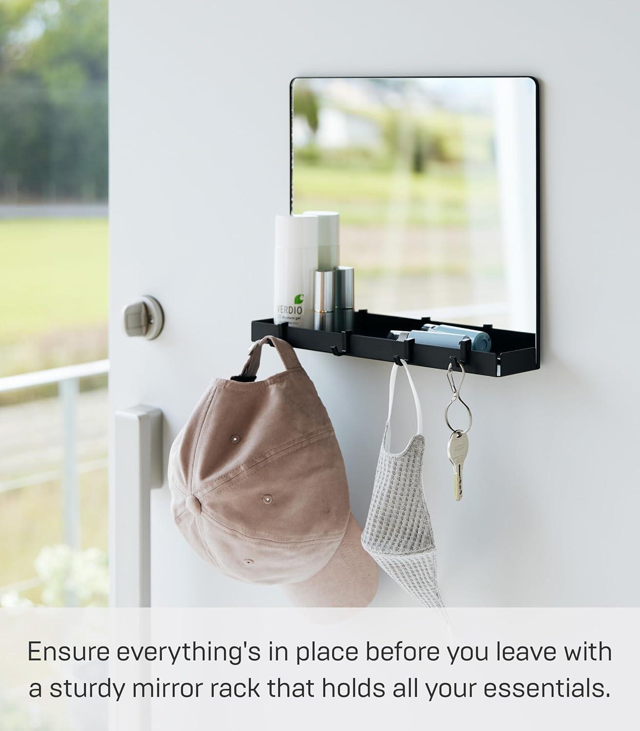 Black Magnetic Mirror with Storage Rack and Hooks