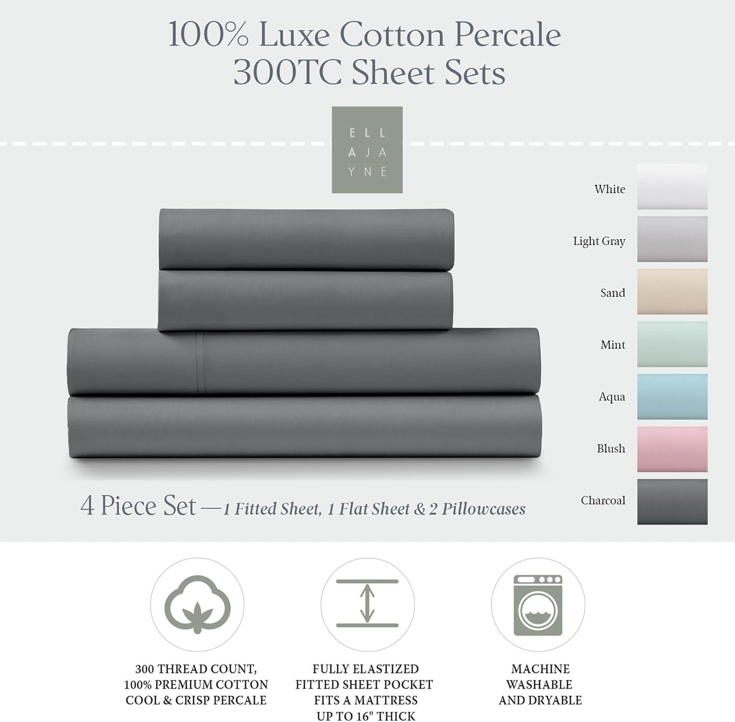 Luxe Cotton Percale Crisp and Cool Sheet Set, Queen, Sand
